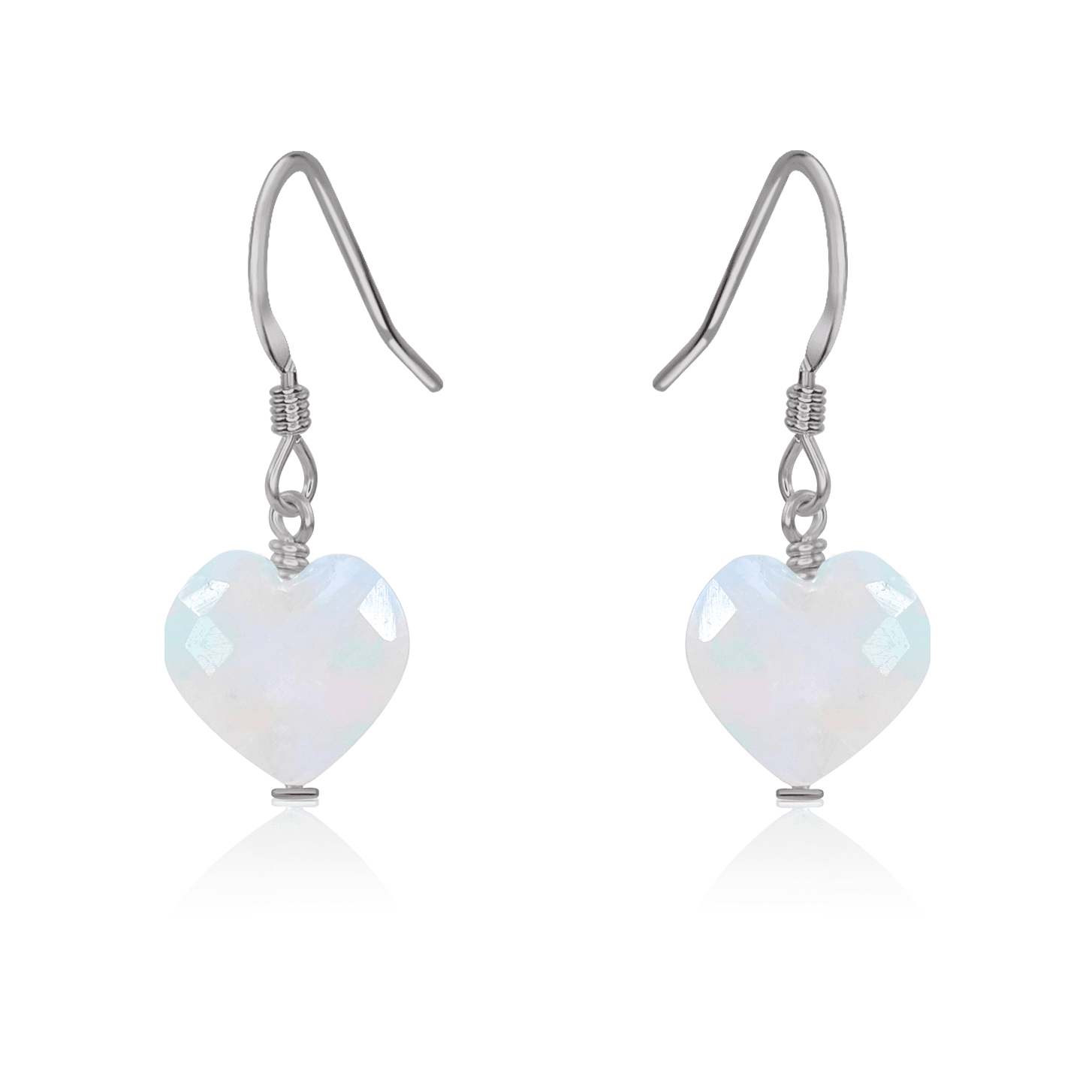 Rainbow Moonstone Crystal Heart Dangle Earrings - Rainbow Moonstone Crystal Heart Dangle Earrings - Stainless Steel - Luna Tide Handmade Crystal Jewellery