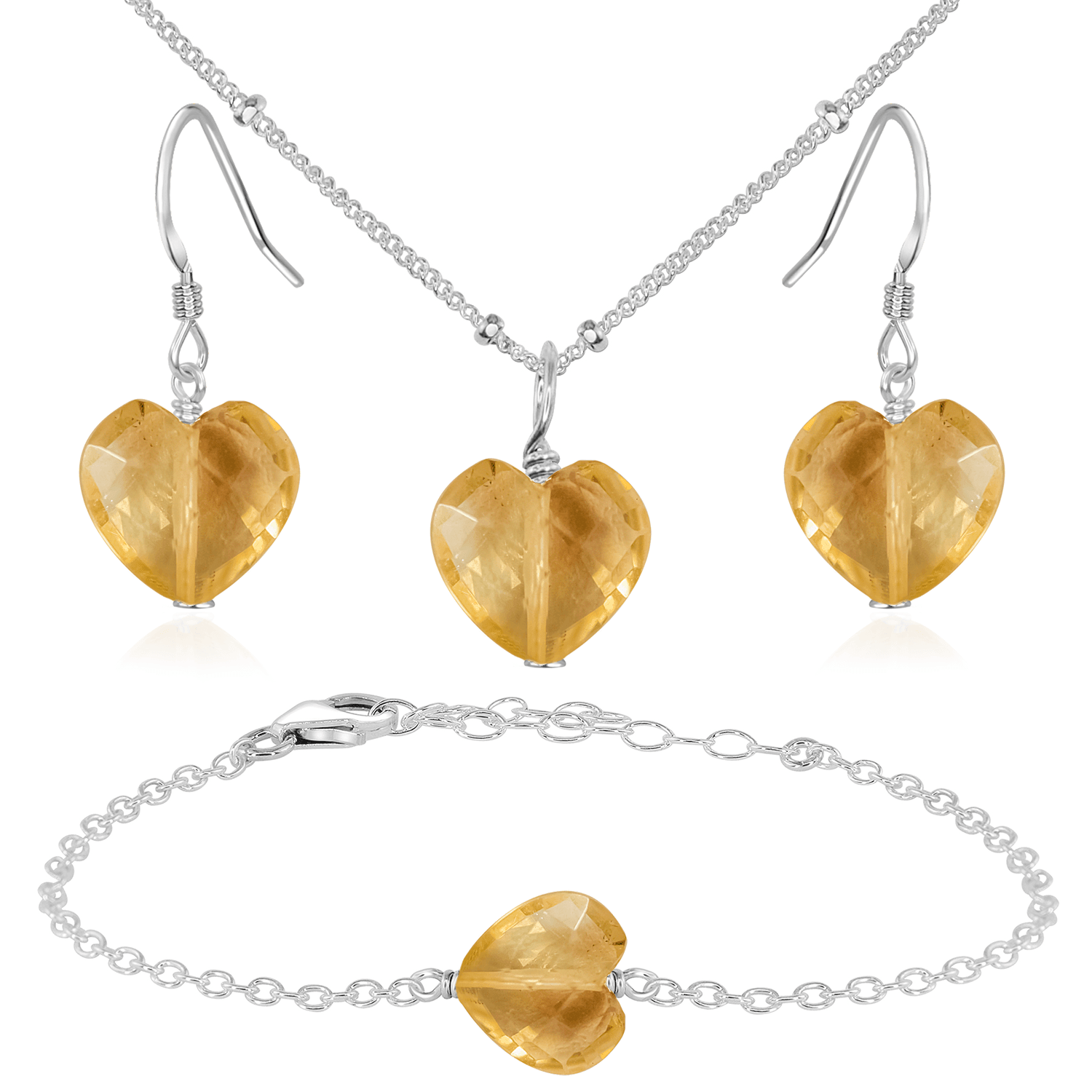 Citrine Crystal Heart Jewellery Set - Citrine Crystal Heart Jewellery Set - Sterling Silver / Satellite / Necklace & Earrings & Bracelet - Luna Tide Handmade Crystal Jewellery