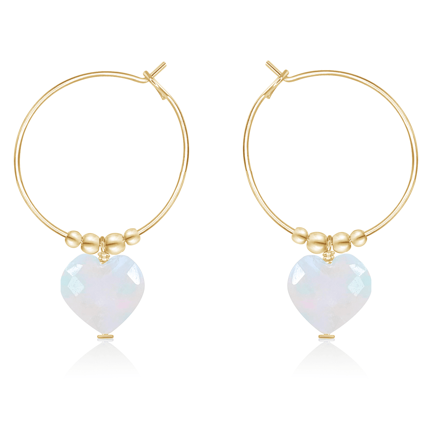 Rainbow Moonstone Crystal Heart Dangle Hoop Earrings - Rainbow Moonstone Crystal Heart Dangle Hoop Earrings - 14k Gold Fill - Luna Tide Handmade Crystal Jewellery