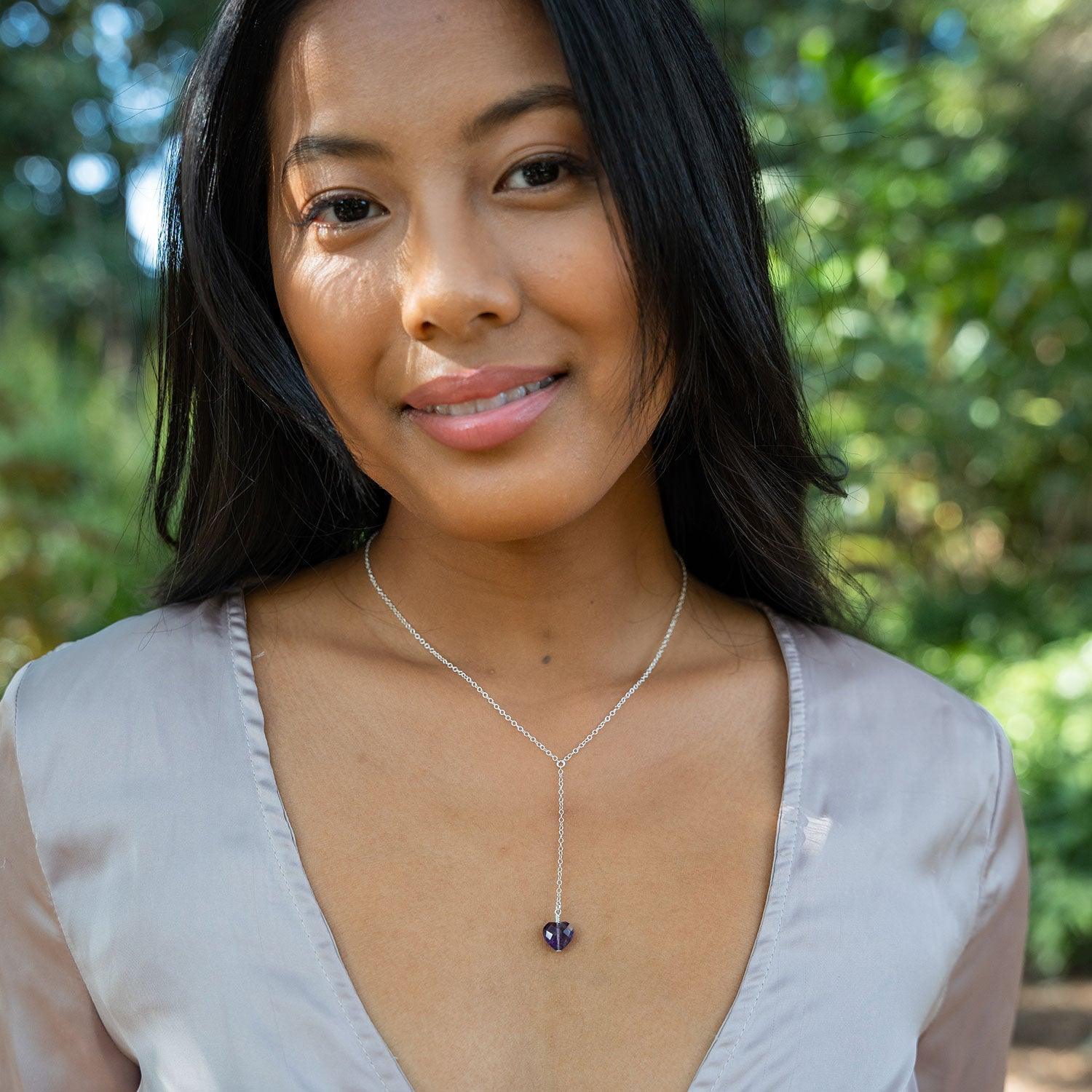 Amethyst Crystal Heart Lariat Necklace - Amethyst Crystal Heart Lariat Necklace - Sterling Silver - Luna Tide Handmade Crystal Jewellery