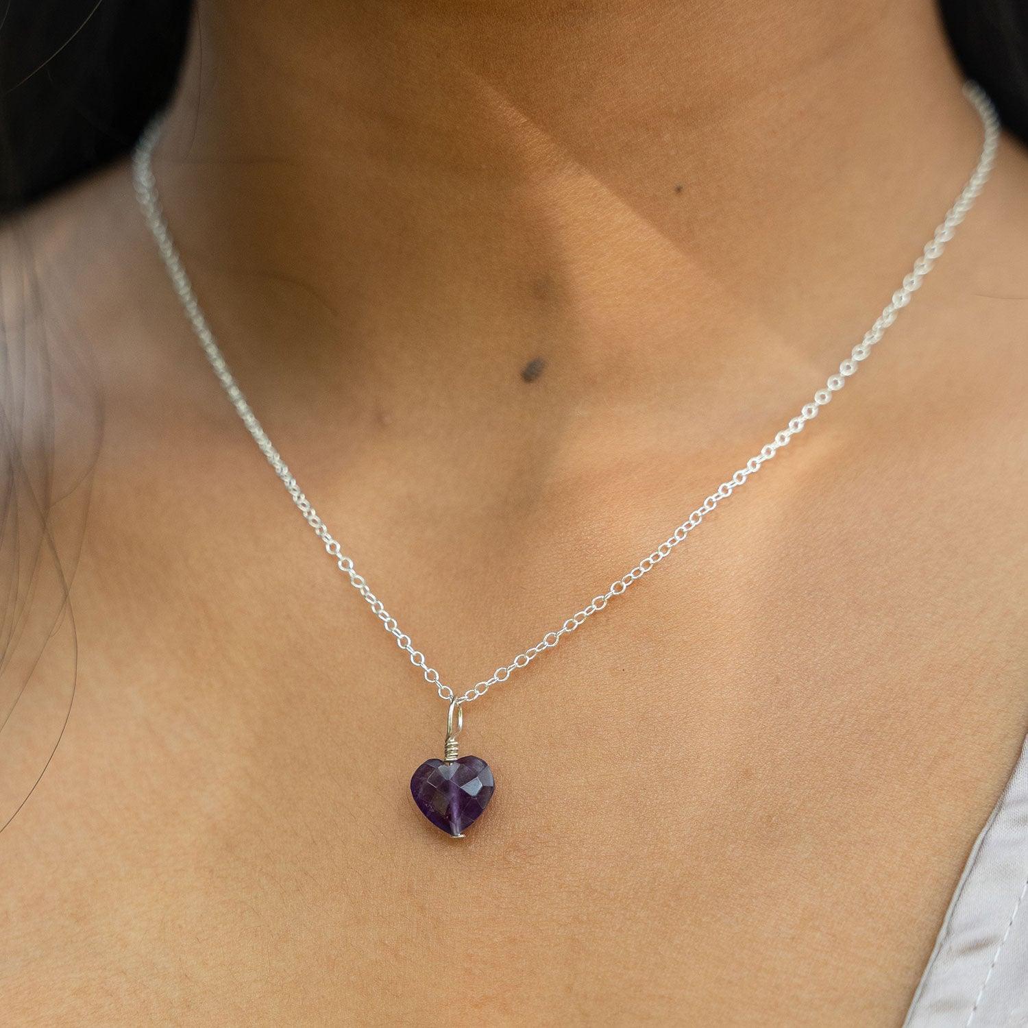Amethyst Crystal Heart Pendant Necklace - Amethyst Crystal Heart Pendant Necklace - Sterling Silver / Cable - Luna Tide Handmade Crystal Jewellery