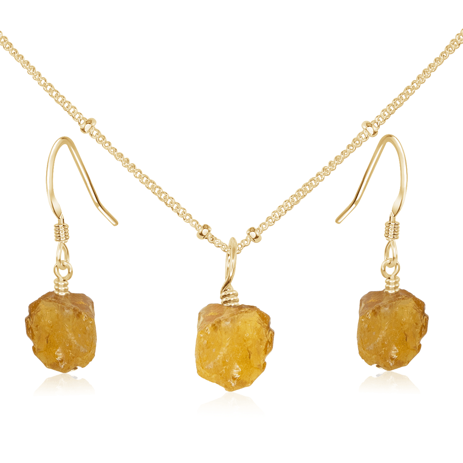 Raw Citrine Crystal Earrings & Necklace Set - Raw Citrine Crystal Earrings & Necklace Set - 14k Gold Fill / Satellite - Luna Tide Handmade Crystal Jewellery