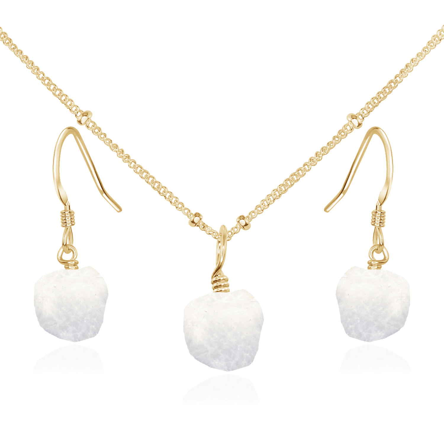 Raw Rainbow Moonstone Crystal Earrings & Necklace Set - Raw Rainbow Moonstone Crystal Earrings & Necklace Set - 14k Gold Fill / Satellite - Luna Tide Handmade Crystal Jewellery