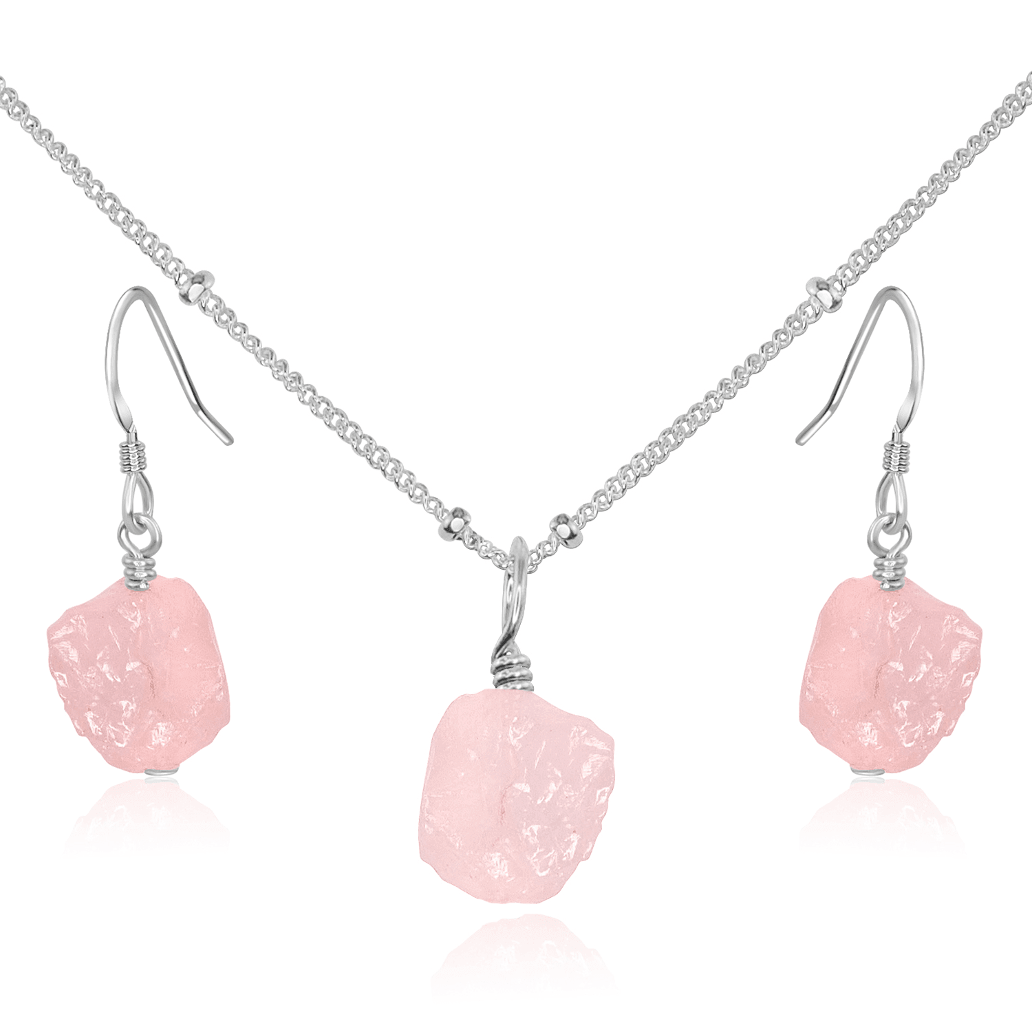 Raw Rose Quartz Crystal Earrings & Necklace Set - Raw Rose Quartz Crystal Earrings & Necklace Set - Sterling Silver / Satellite - Luna Tide Handmade Crystal Jewellery