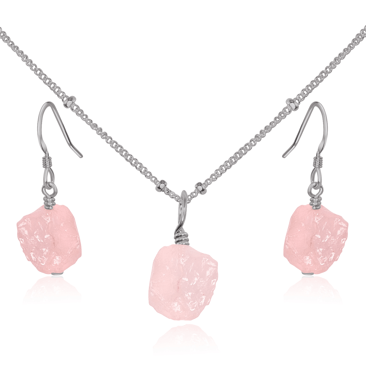 Raw Rose Quartz Crystal Earrings & Necklace Set - Raw Rose Quartz Crystal Earrings & Necklace Set - Stainless Steel / Satellite - Luna Tide Handmade Crystal Jewellery