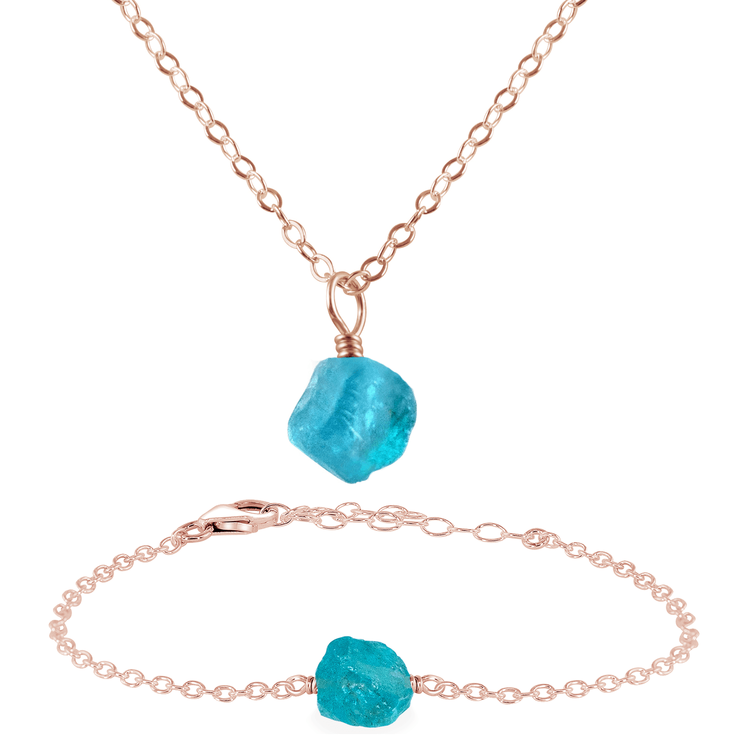 Raw Apatite Crystal Jewellery Set - Raw Apatite Crystal Jewellery Set - 14k Rose Gold Fill / Cable / Necklace & Bracelet - Luna Tide Handmade Crystal Jewellery