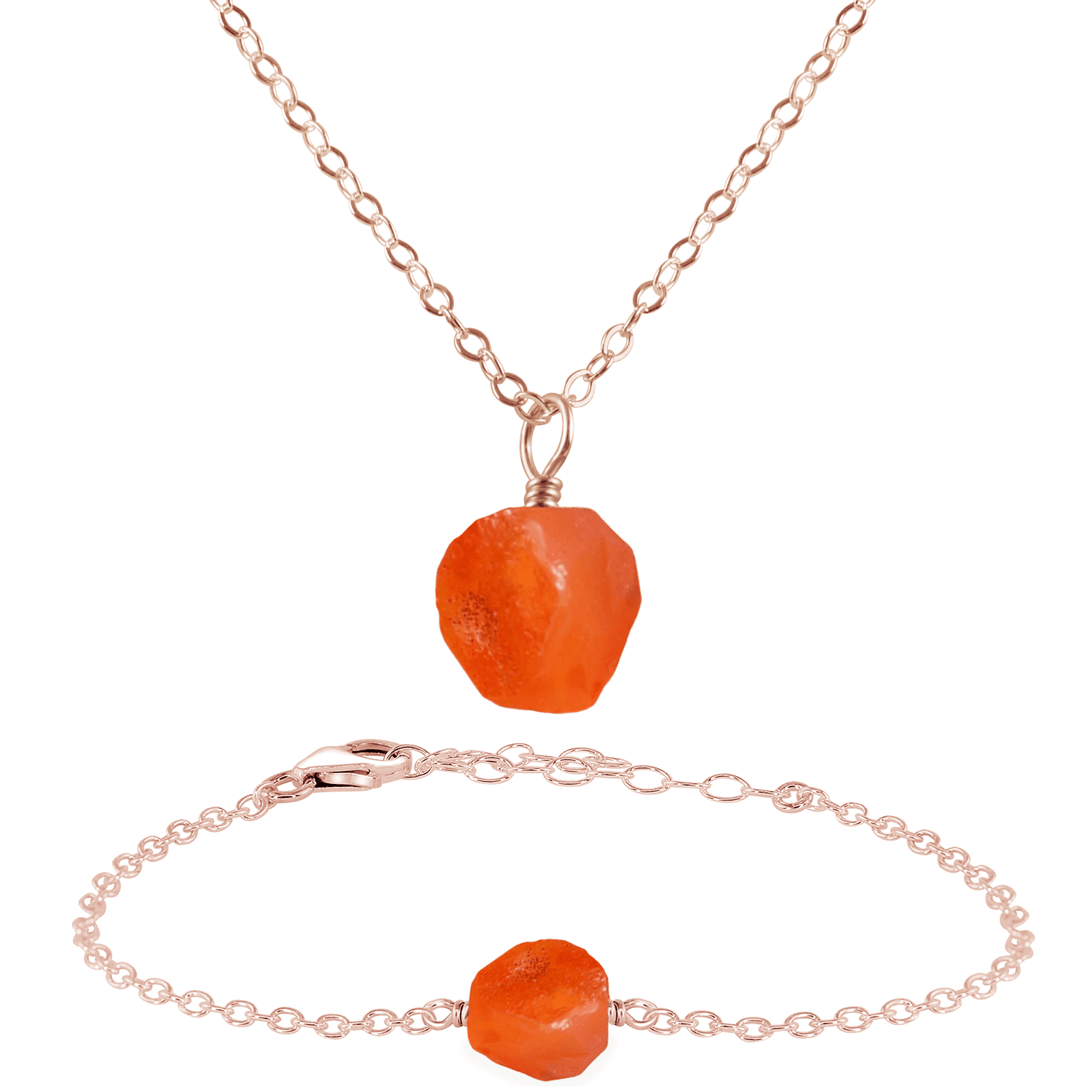 Raw Carnelian Crystal Jewellery Set - Raw Carnelian Crystal Jewellery Set - 14k Rose Gold Fill / Cable / Necklace & Bracelet - Luna Tide Handmade Crystal Jewellery