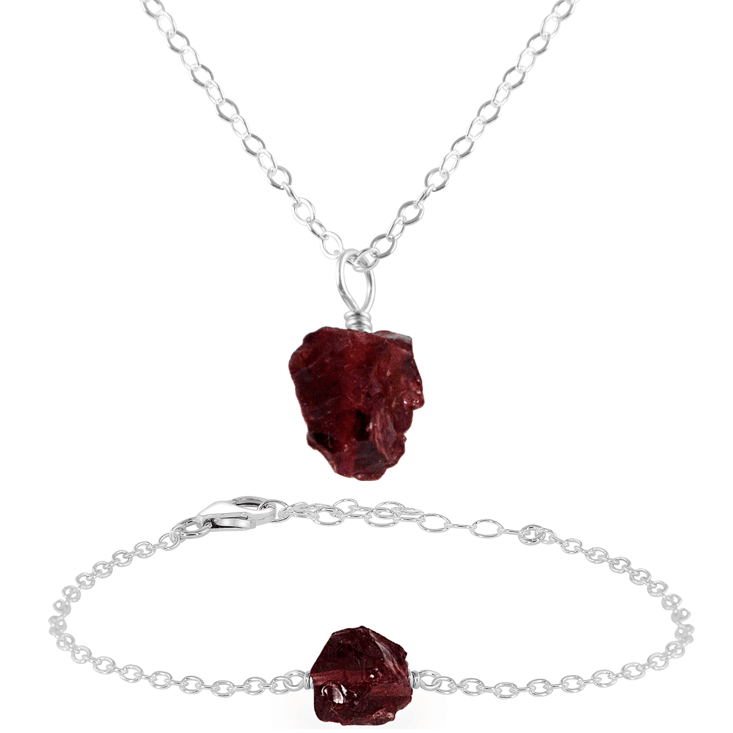 Raw Garnet Crystal Jewellery Set - Raw Garnet Crystal Jewellery Set - Sterling Silver / Cable / Necklace & Bracelet - Luna Tide Handmade Crystal Jewellery