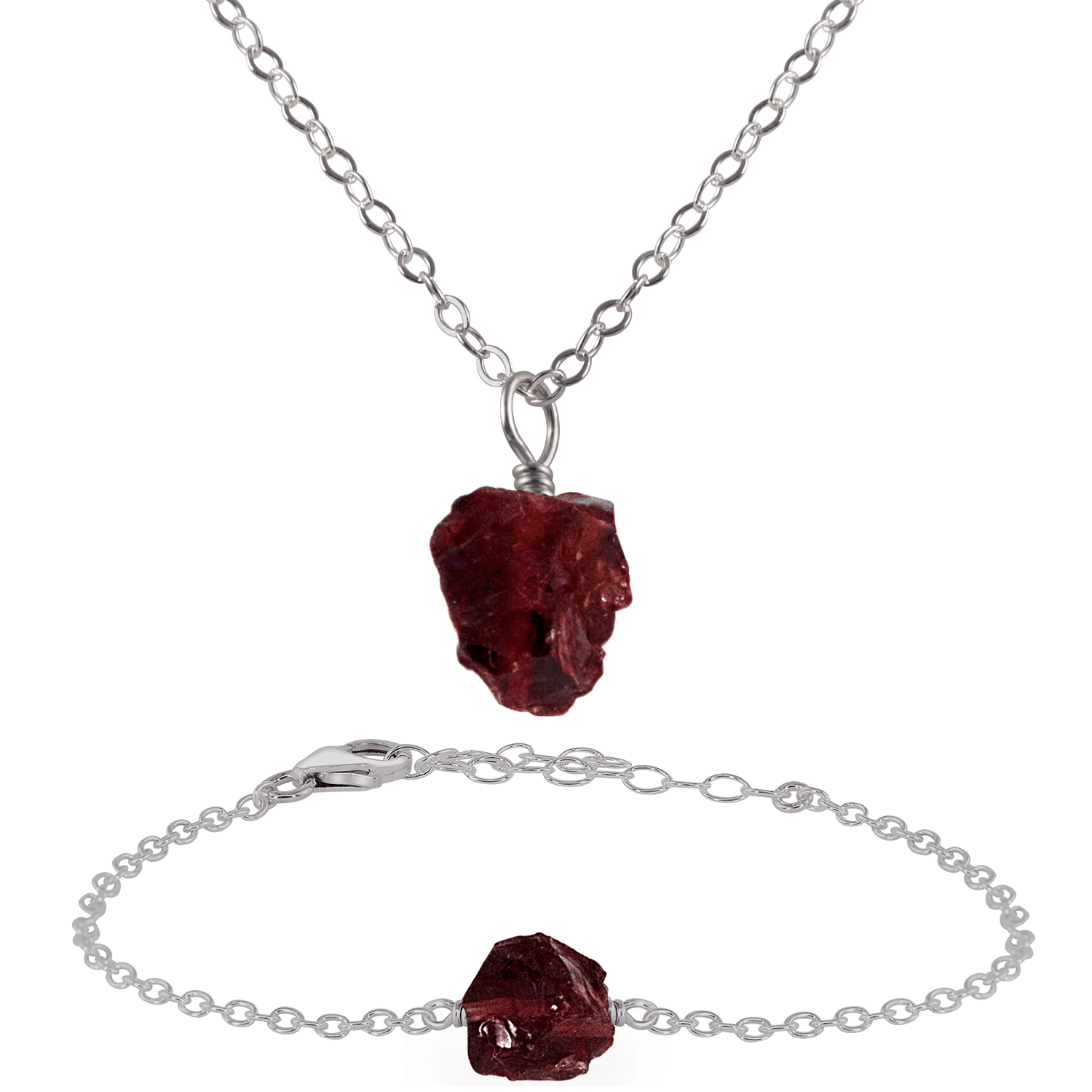 Raw Garnet Crystal Jewellery Set - Raw Garnet Crystal Jewellery Set - Stainless Steel / Cable / Necklace & Bracelet - Luna Tide Handmade Crystal Jewellery