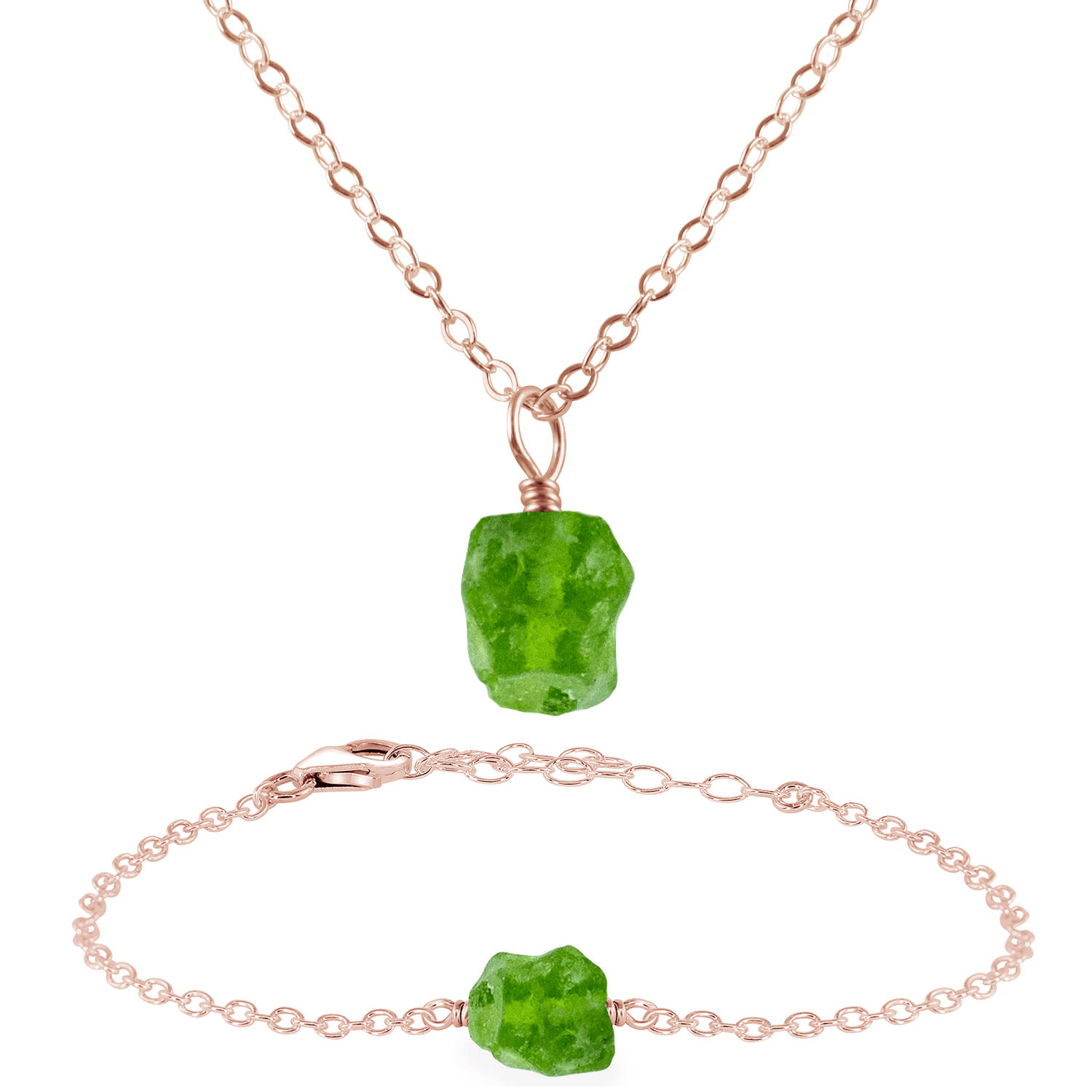 Raw Peridot Crystal Jewellery Set - Raw Peridot Crystal Jewellery Set - 14k Rose Gold Fill / Cable / Necklace & Bracelet - Luna Tide Handmade Crystal Jewellery