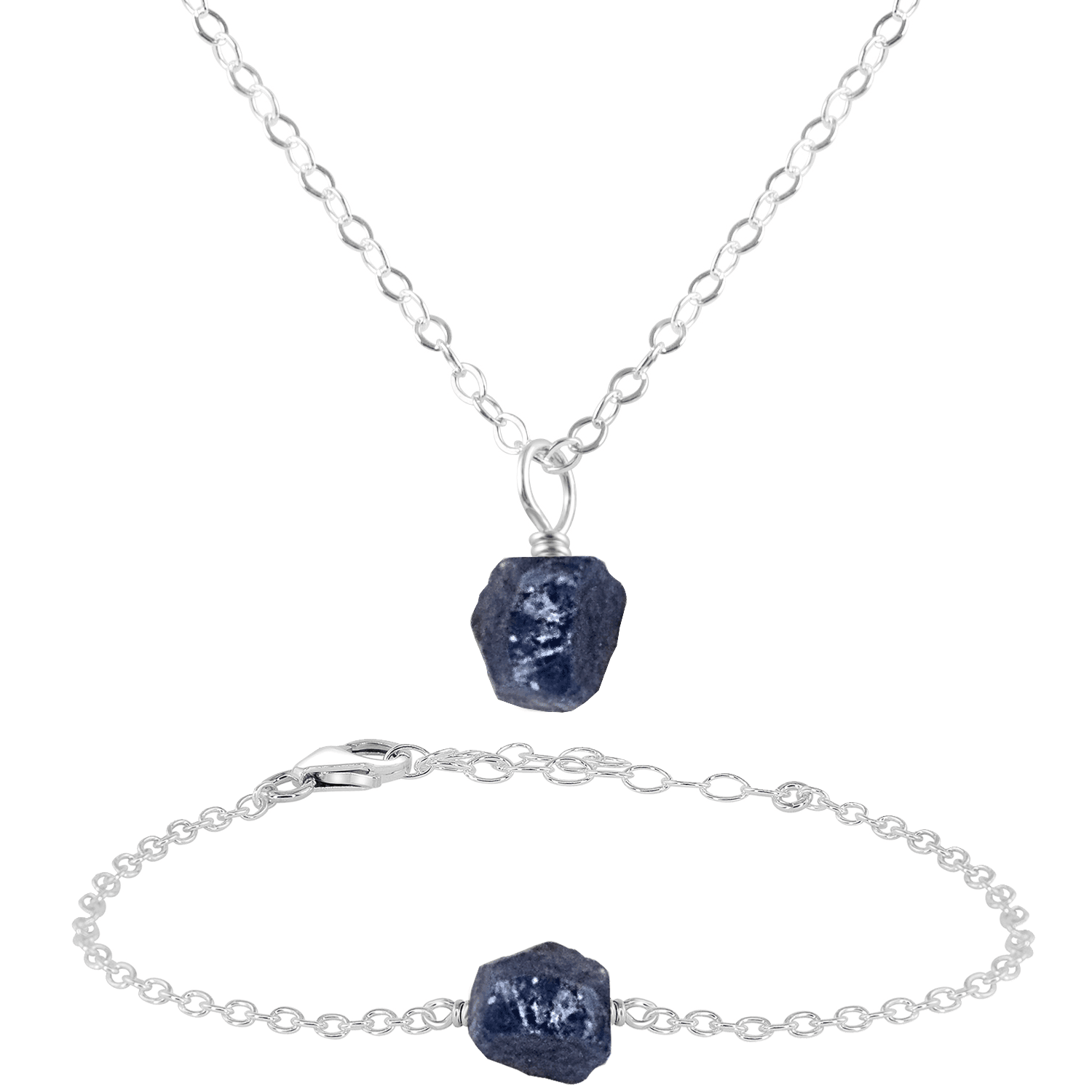 Raw Sapphire Crystal Jewellery Set - Raw Sapphire Crystal Jewellery Set - Sterling Silver / Cable / Necklace & Bracelet - Luna Tide Handmade Crystal Jewellery
