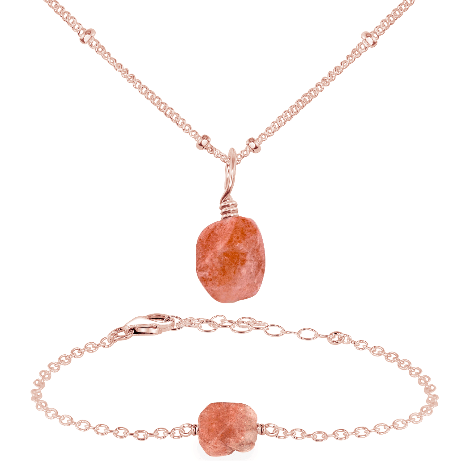 Raw Sunstone Crystal Jewellery Set - Raw Sunstone Crystal Jewellery Set - 14k Rose Gold Fill / Satellite / Necklace & Bracelet - Luna Tide Handmade Crystal Jewellery