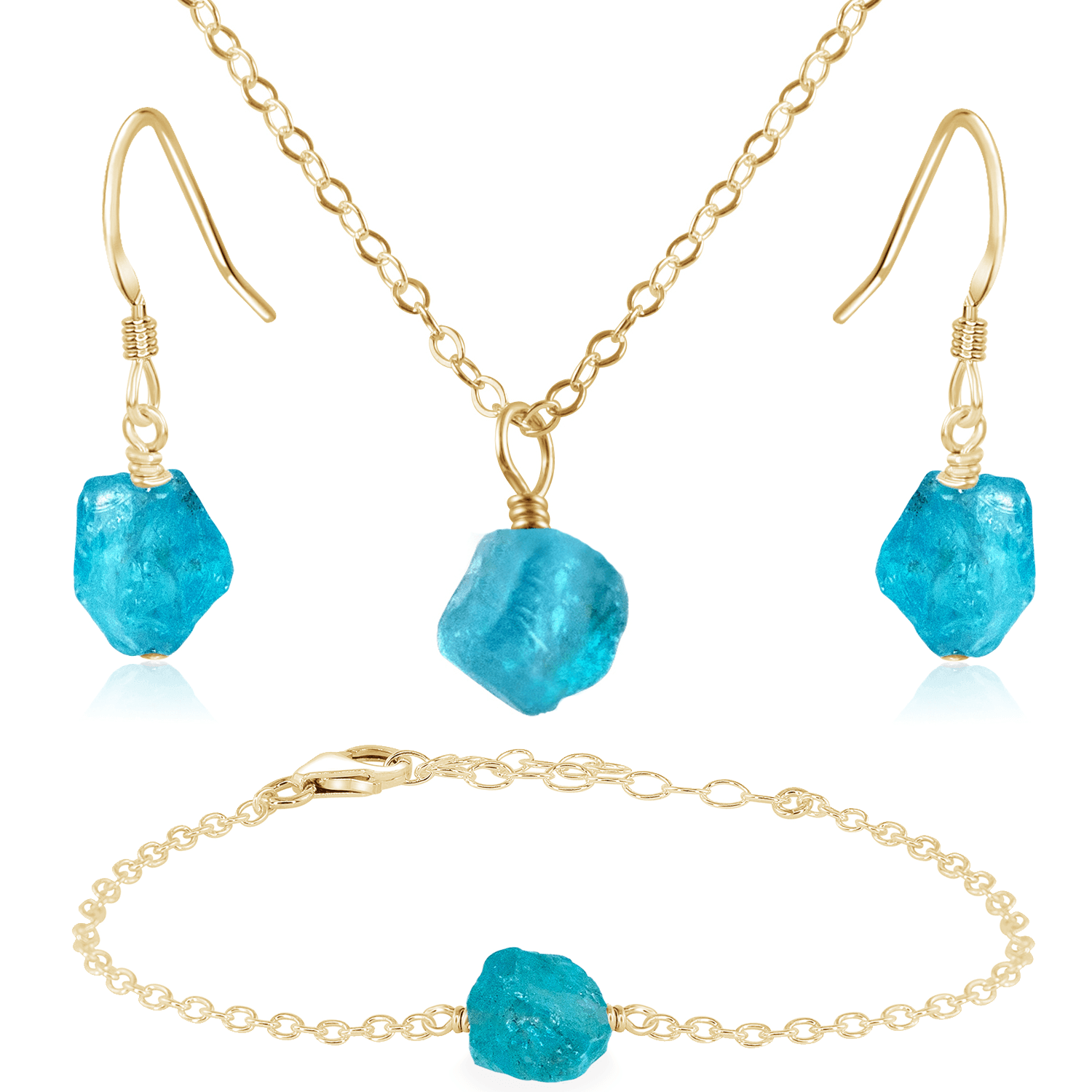 Raw Apatite Crystal Jewellery Set - Raw Apatite Crystal Jewellery Set - 14k Gold Fill / Cable / Necklace & Earrings & Bracelet - Luna Tide Handmade Crystal Jewellery