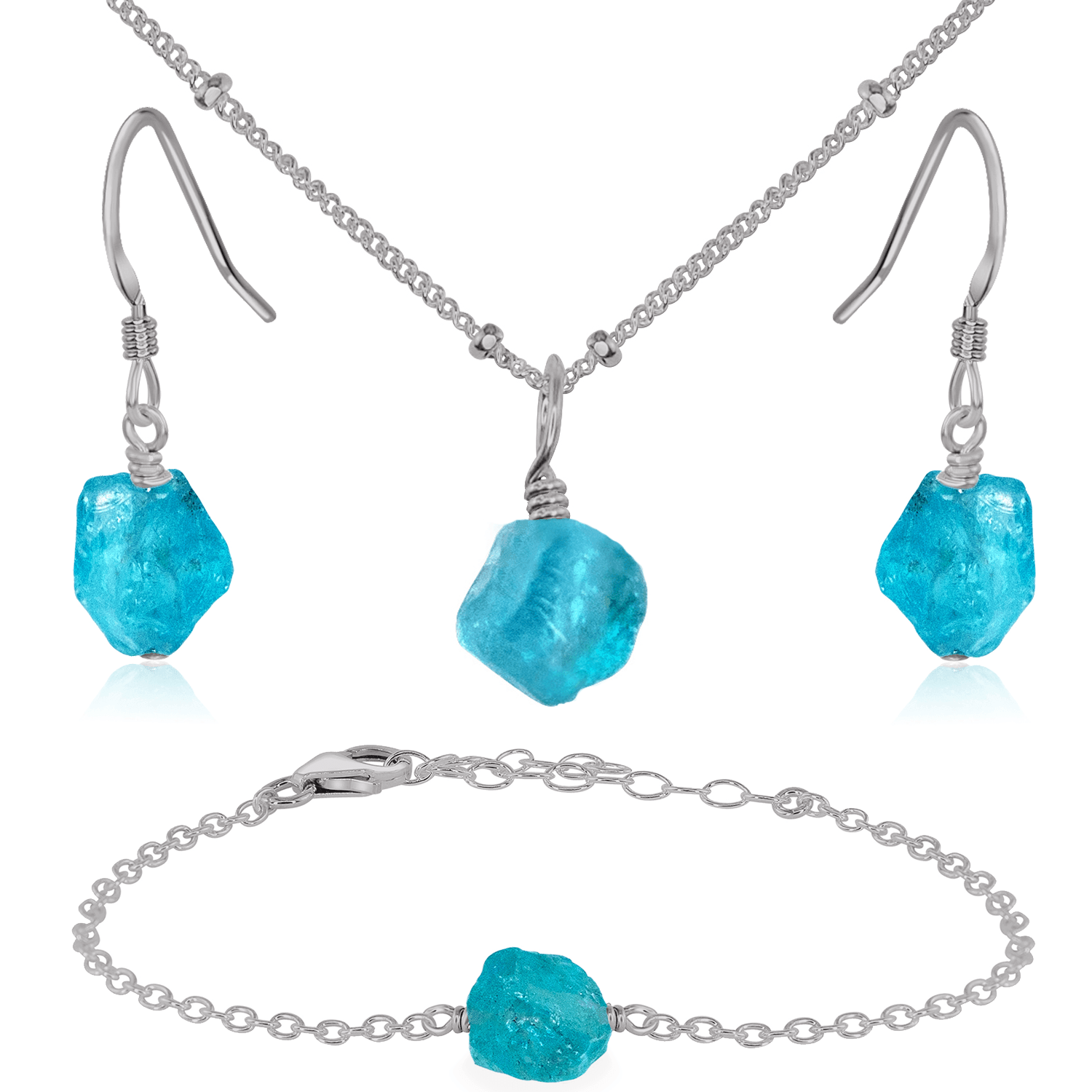 Raw Apatite Crystal Jewellery Set - Raw Apatite Crystal Jewellery Set - Stainless Steel / Satellite / Necklace & Earrings & Bracelet - Luna Tide Handmade Crystal Jewellery