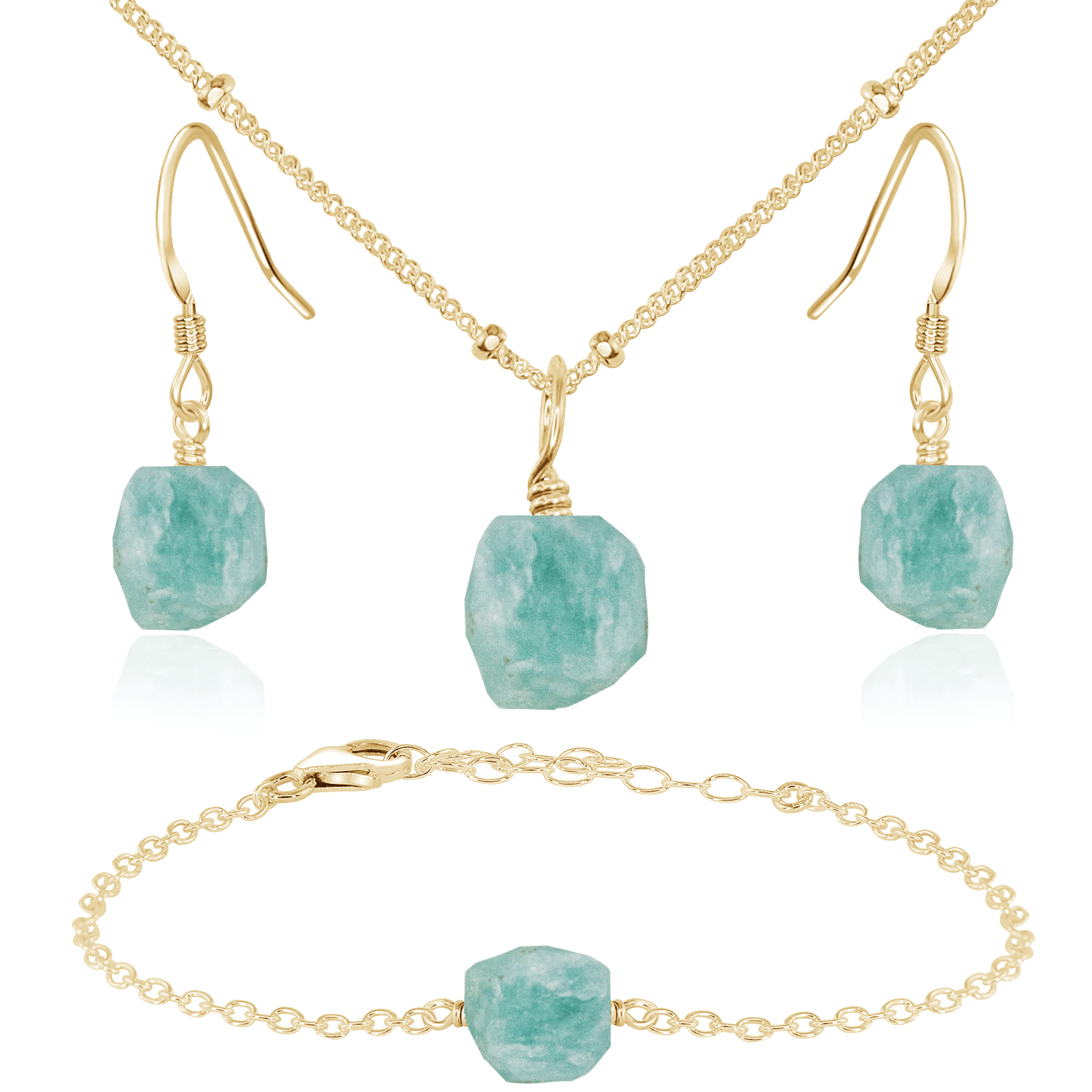 Raw Amazonite Crystal Jewellery Set - Raw Amazonite Crystal Jewellery Set - 14k Gold Fill / Satellite / Necklace & Earrings & Bracelet - Luna Tide Handmade Crystal Jewellery