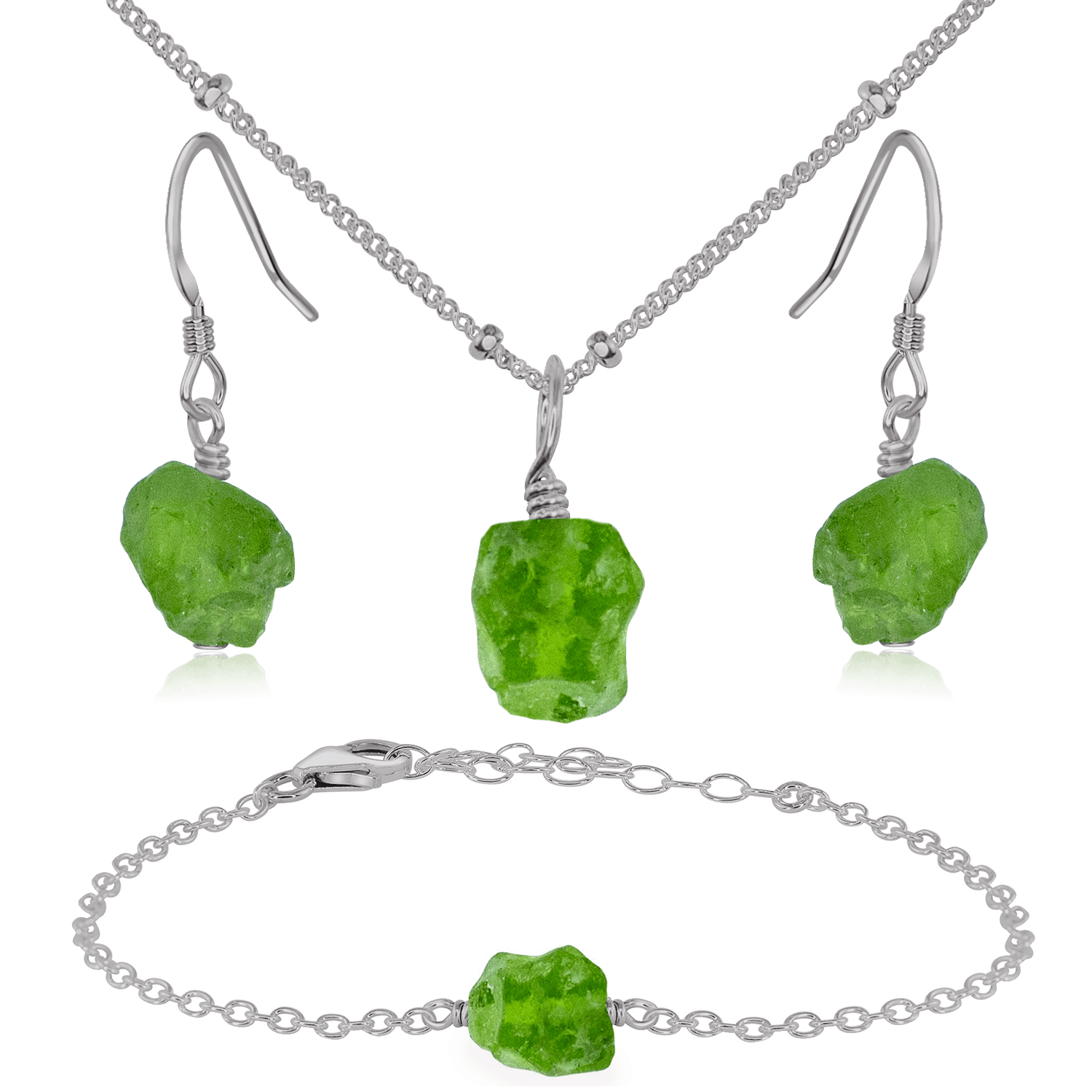 Raw Peridot Crystal Jewellery Set - Raw Peridot Crystal Jewellery Set - Stainless Steel / Satellite / Necklace & Earrings & Bracelet - Luna Tide Handmade Crystal Jewellery