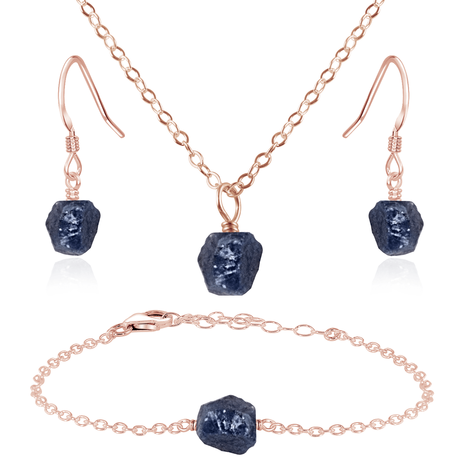 Raw Sapphire Crystal Jewellery Set - Raw Sapphire Crystal Jewellery Set - 14k Rose Gold Fill / Cable / Necklace & Earrings & Bracelet - Luna Tide Handmade Crystal Jewellery