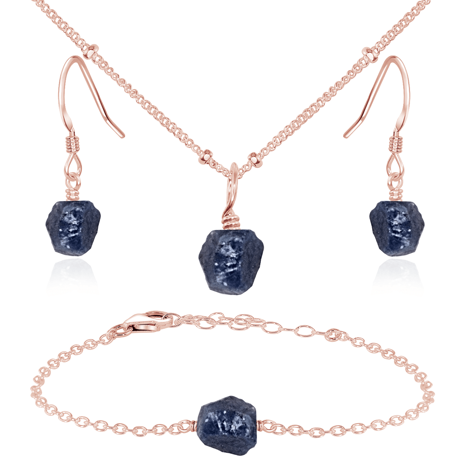 Raw Sapphire Crystal Jewellery Set - Raw Sapphire Crystal Jewellery Set - 14k Rose Gold Fill / Satellite / Necklace & Earrings & Bracelet - Luna Tide Handmade Crystal Jewellery