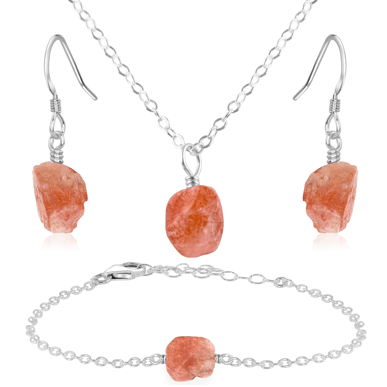 Raw Sunstone Crystal Jewellery Set - Raw Sunstone Crystal Jewellery Set - Sterling Silver / Cable / Necklace & Earrings & Bracelet - Luna Tide Handmade Crystal Jewellery