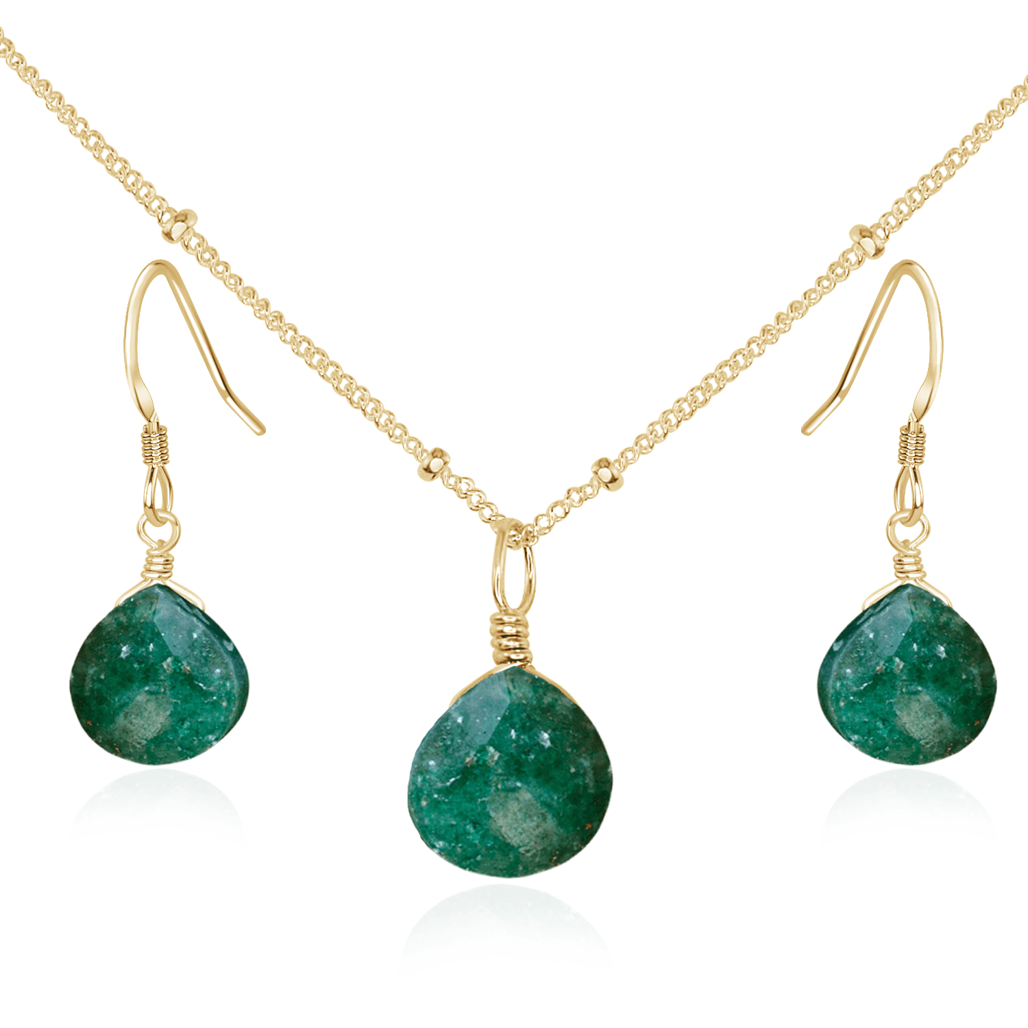 Aventurine Tiny Teardrop Earrings & Necklace Set - Aventurine Tiny Teardrop Earrings & Necklace Set - 14k Gold Fill / Satellite - Luna Tide Handmade Crystal Jewellery