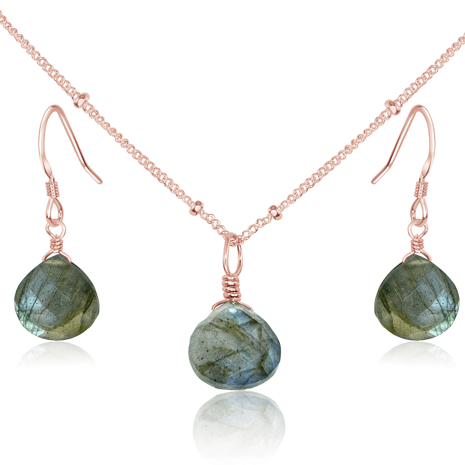 Labradorite Tiny Teardrop Earrings & Necklace Set - Labradorite Tiny Teardrop Earrings & Necklace Set - 14k Rose Gold Fill / Satellite - Luna Tide Handmade Crystal Jewellery