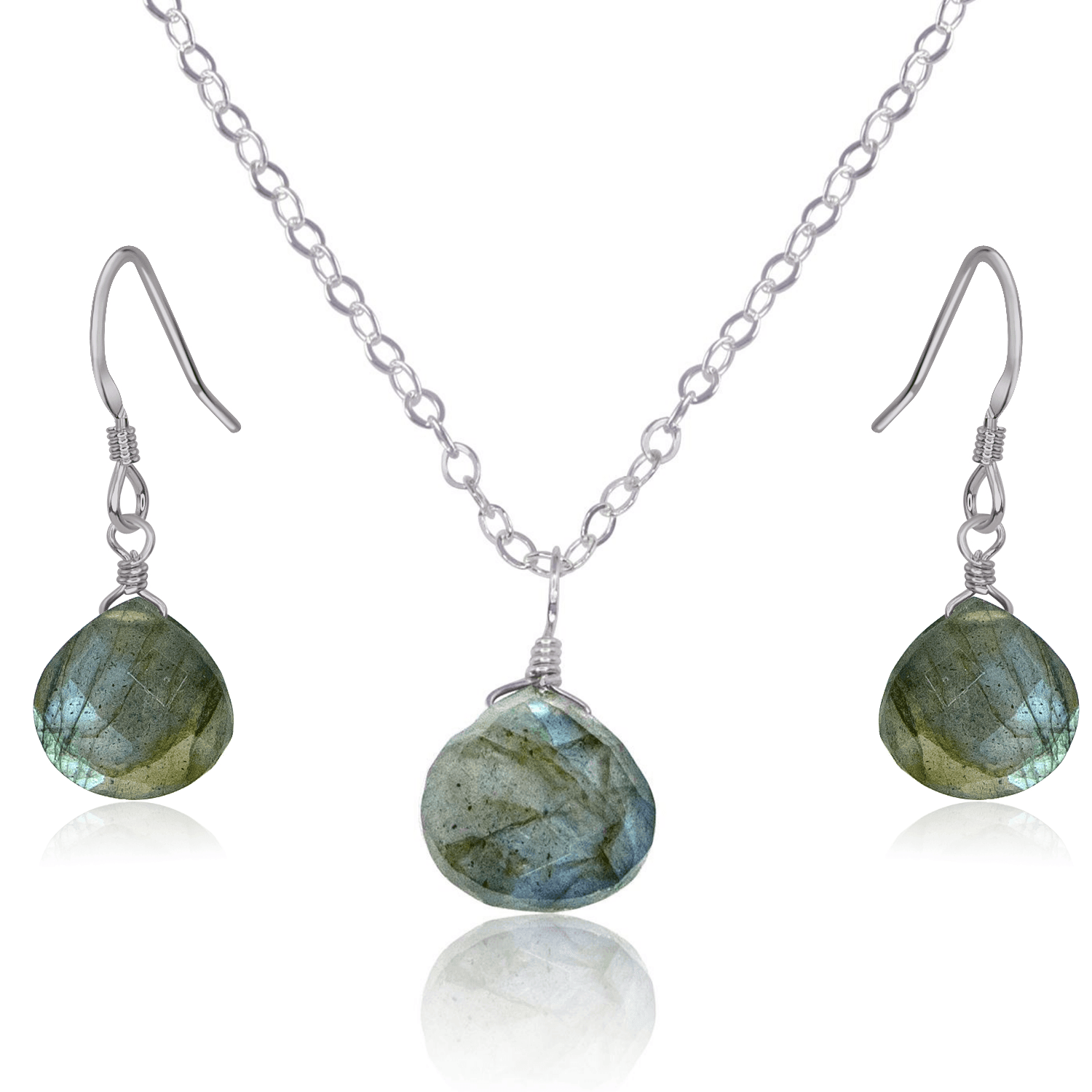 Labradorite Tiny Teardrop Earrings & Necklace Set - Labradorite Tiny Teardrop Earrings & Necklace Set - Stainless Steel / Cable - Luna Tide Handmade Crystal Jewellery