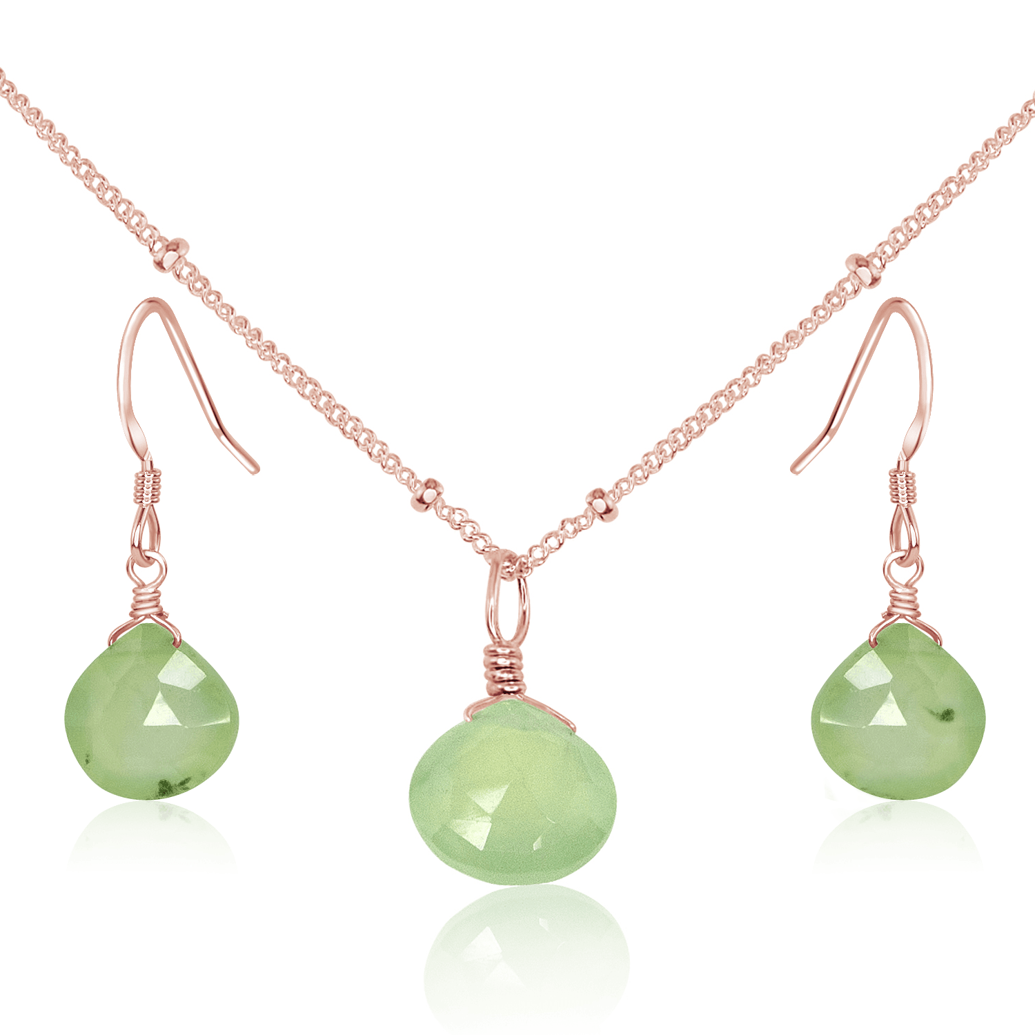 Prehnite Tiny Teardrop Earrings & Necklace Set - Prehnite Tiny Teardrop Earrings & Necklace Set - 14k Rose Gold Fill / Satellite - Luna Tide Handmade Crystal Jewellery