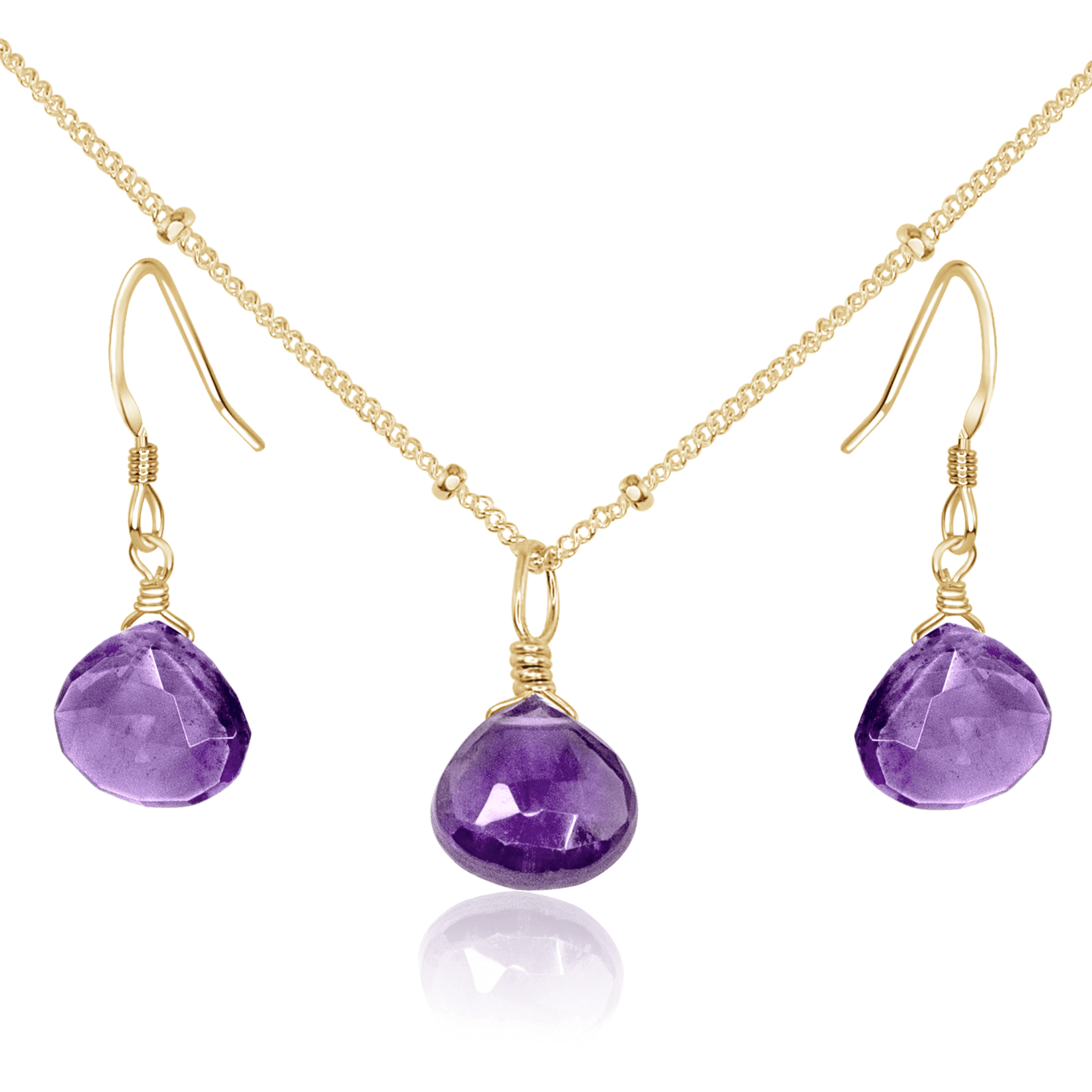 Amethyst Tiny Teardrop Earrings & Necklace Set - Amethyst Tiny Teardrop Earrings & Necklace Set - 14k Gold Fill / Satellite - Luna Tide Handmade Crystal Jewellery