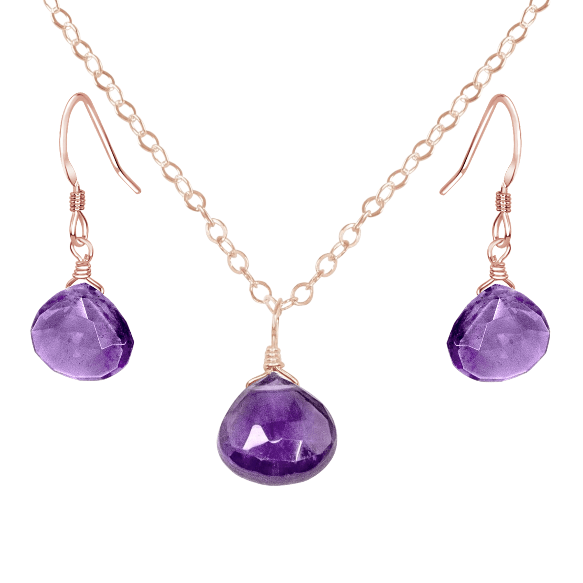 Amethyst Tiny Teardrop Earrings & Necklace Set - Amethyst Tiny Teardrop Earrings & Necklace Set - 14k Rose Gold Fill / Cable - Luna Tide Handmade Crystal Jewellery