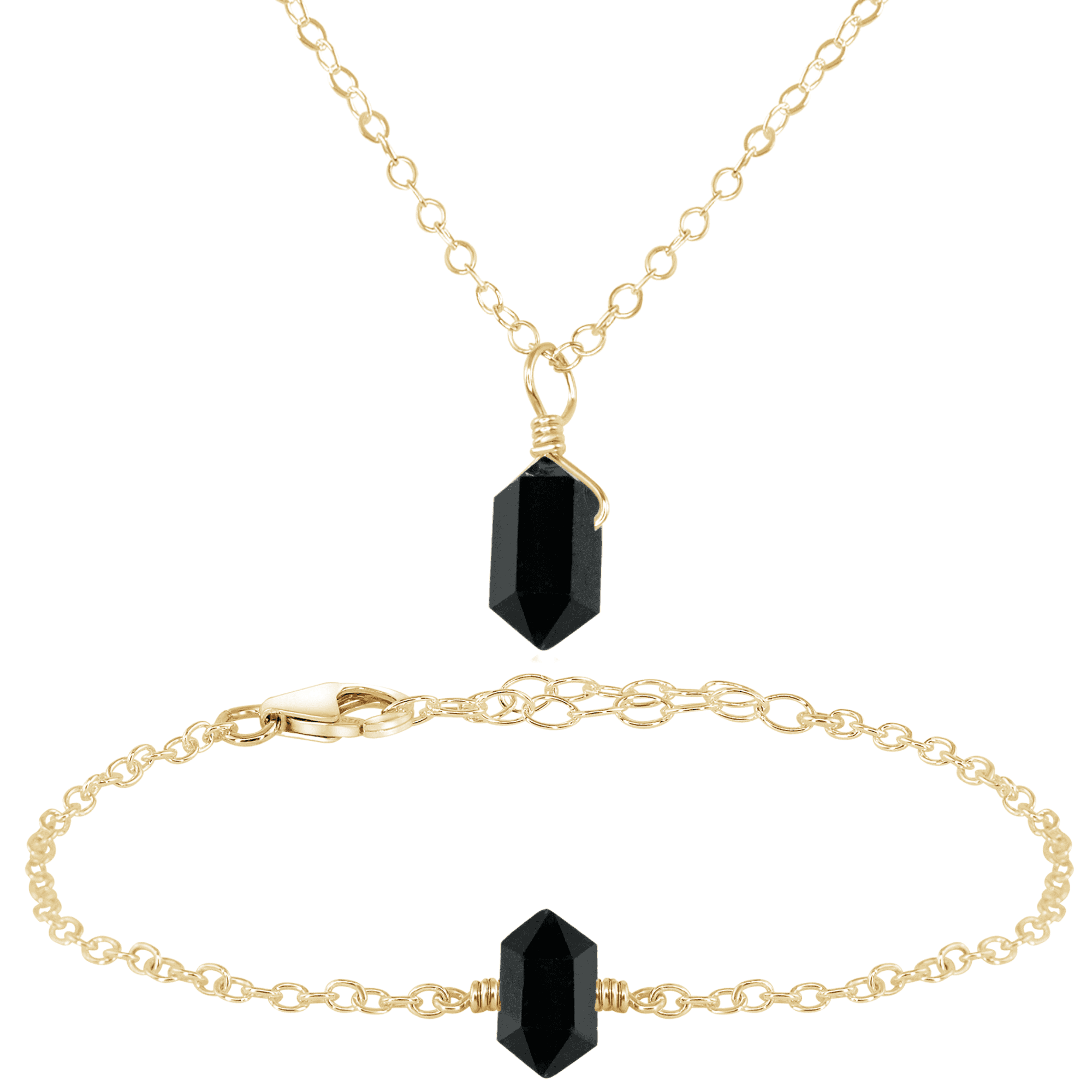 Black Tourmaline Double Terminated Crystal Necklace & Bracelet Set - Black Tourmaline Double Terminated Crystal Necklace & Bracelet Set - 14k Gold Fill - Luna Tide Handmade Crystal Jewellery