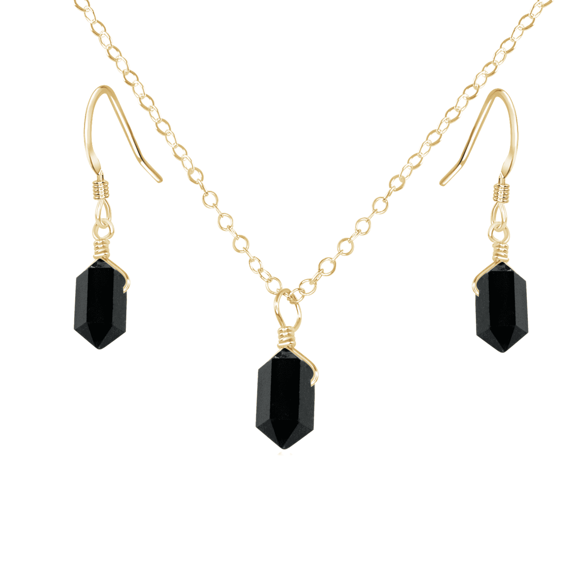 Black Tourmaline Mini Double Terminated Crystal Point Earrings & Necklace Set - Black Tourmaline Mini Double Terminated Crystal Point Earrings & Necklace Set - 14k Gold Fill - Luna Tide Handmade Crystal Jewellery
