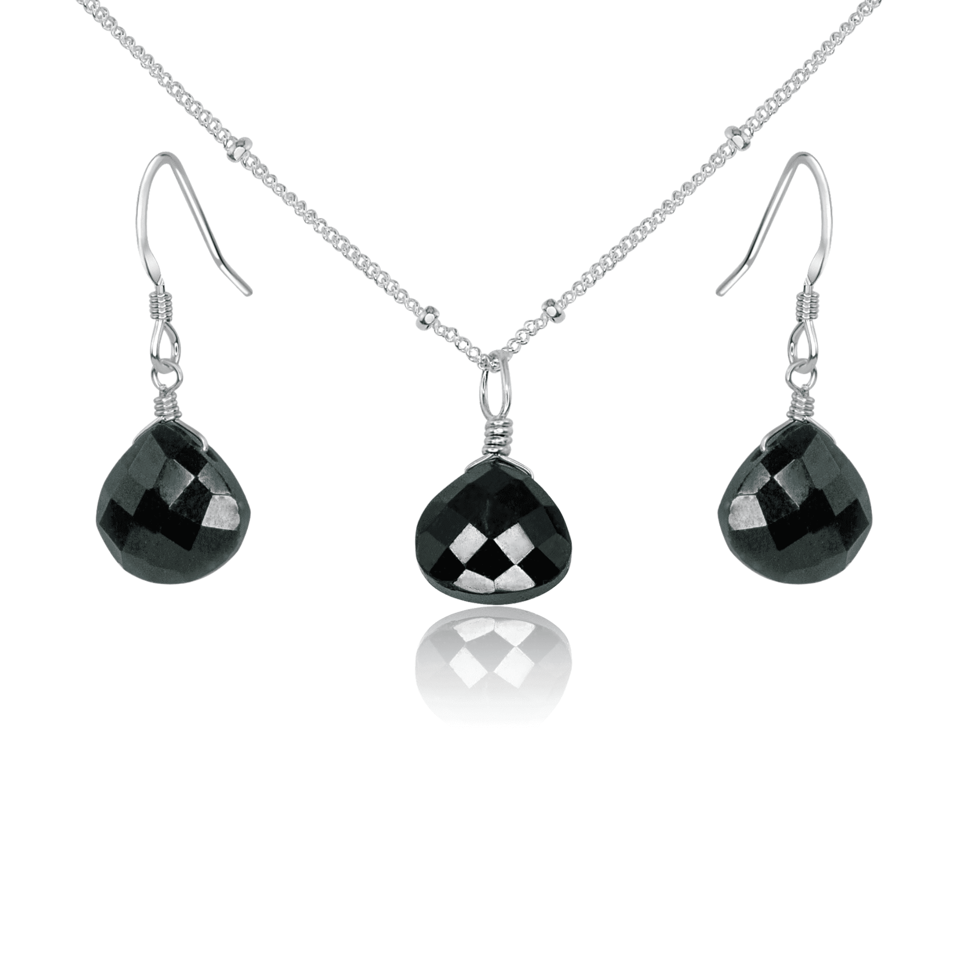 Black Tourmaline Tiny Teardrop Earrings & Necklace Set - Black Tourmaline Tiny Teardrop Earrings & Necklace Set - Sterling Silver / Satellite - Luna Tide Handmade Crystal Jewellery