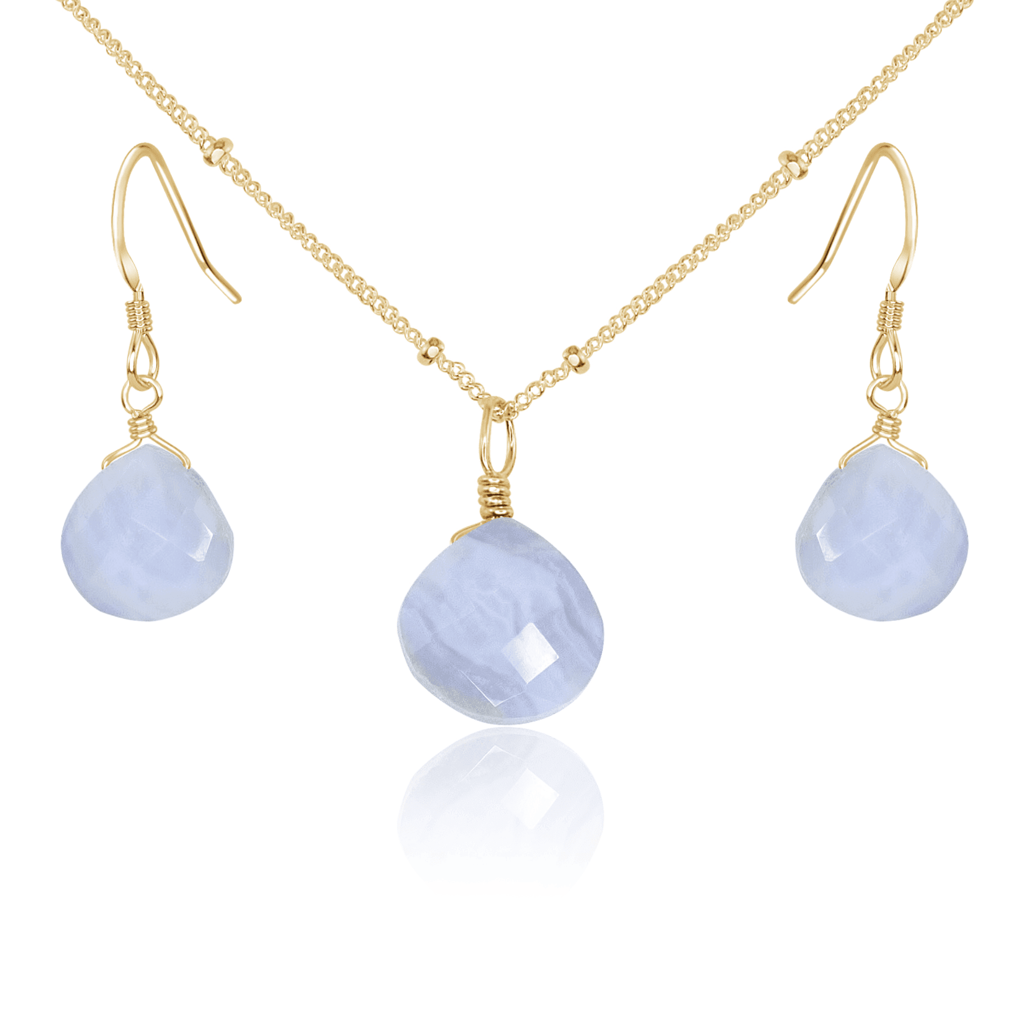 Blue Lace Agate Tiny Teardrop Earrings & Necklace Set - Blue Lace Agate Tiny Teardrop Earrings & Necklace Set - 14k Gold Fill / Satellite - Luna Tide Handmade Crystal Jewellery