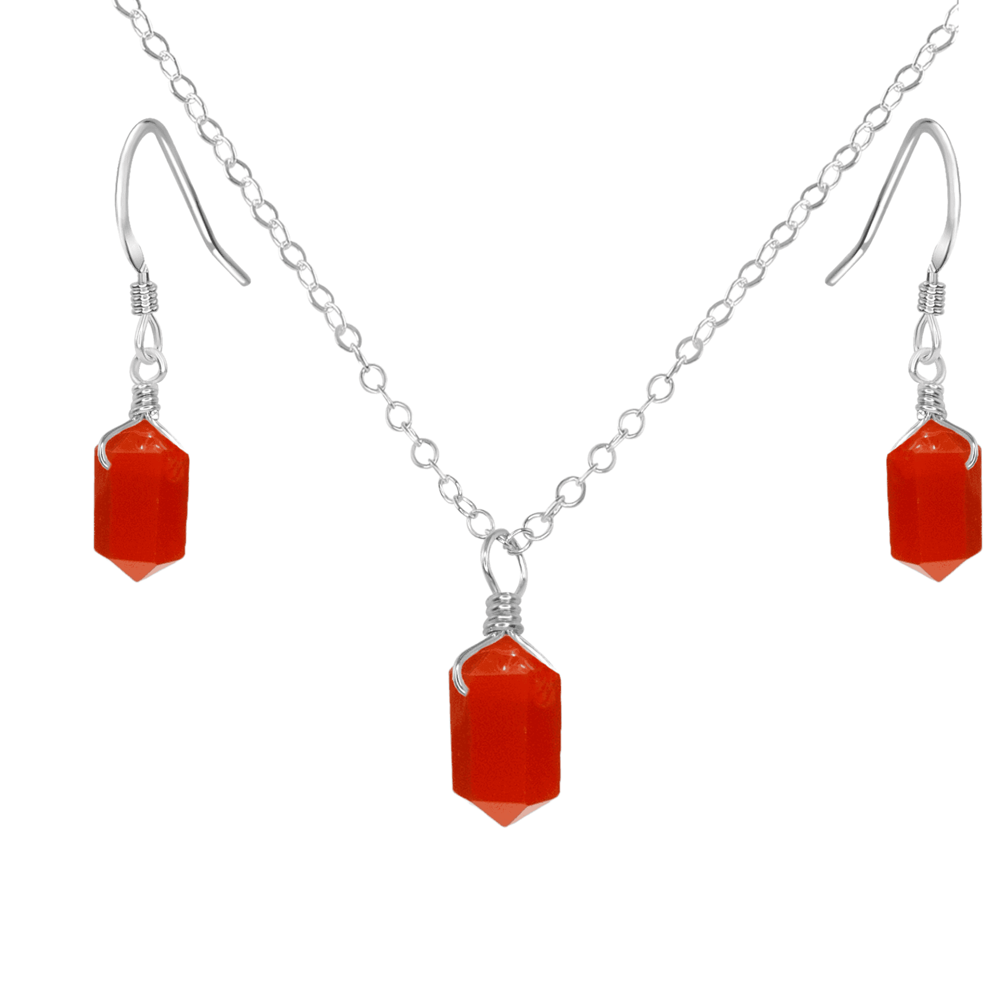 Carnelian Mini Double Terminated Crystal Point Earrings & Necklace Set - Carnelian Mini Double Terminated Crystal Point Earrings & Necklace Set - Sterling Silver - Luna Tide Handmade Crystal Jewellery