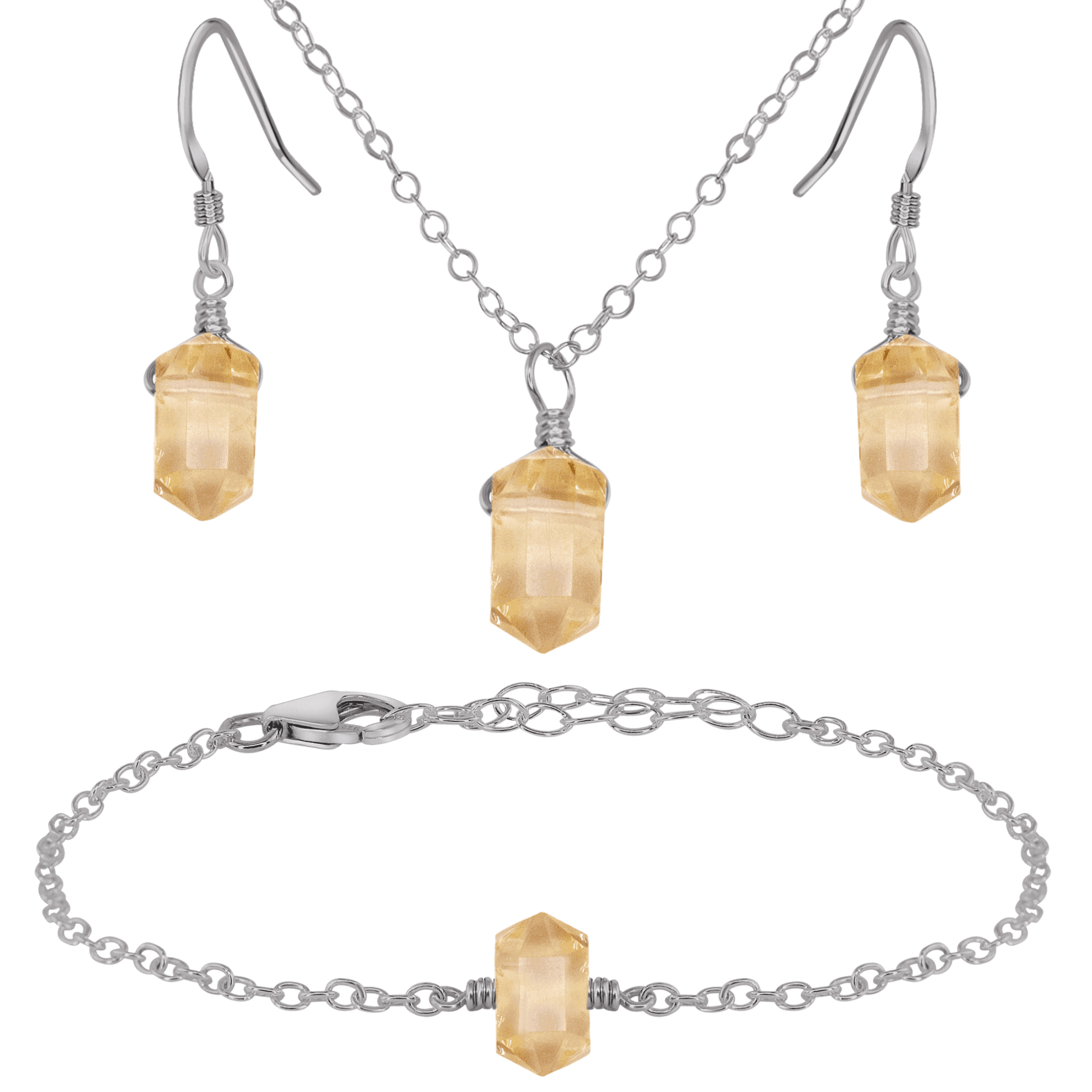 Citrine Double Terminated Crystal Earrings, Necklace & Bracelet Set - Citrine Double Terminated Crystal Earrings, Necklace & Bracelet Set - Stainless Steel - Luna Tide Handmade Crystal Jewellery