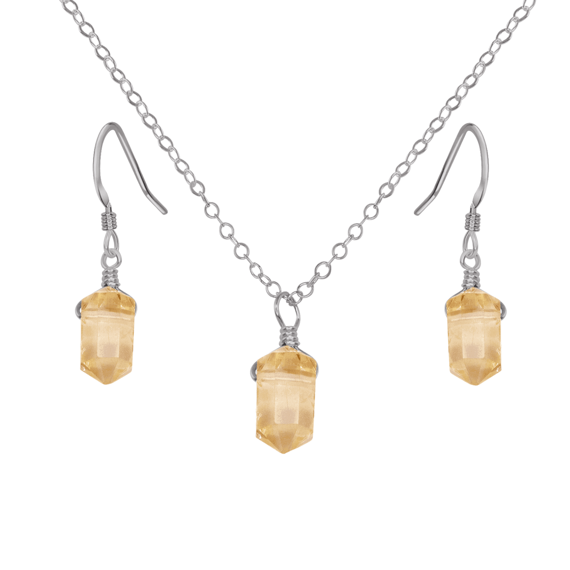 Citrine Mini Double Terminated Crystal Point Earrings & Necklace Set - Citrine Mini Double Terminated Crystal Point Earrings & Necklace Set - Stainless Steel - Luna Tide Handmade Crystal Jewellery