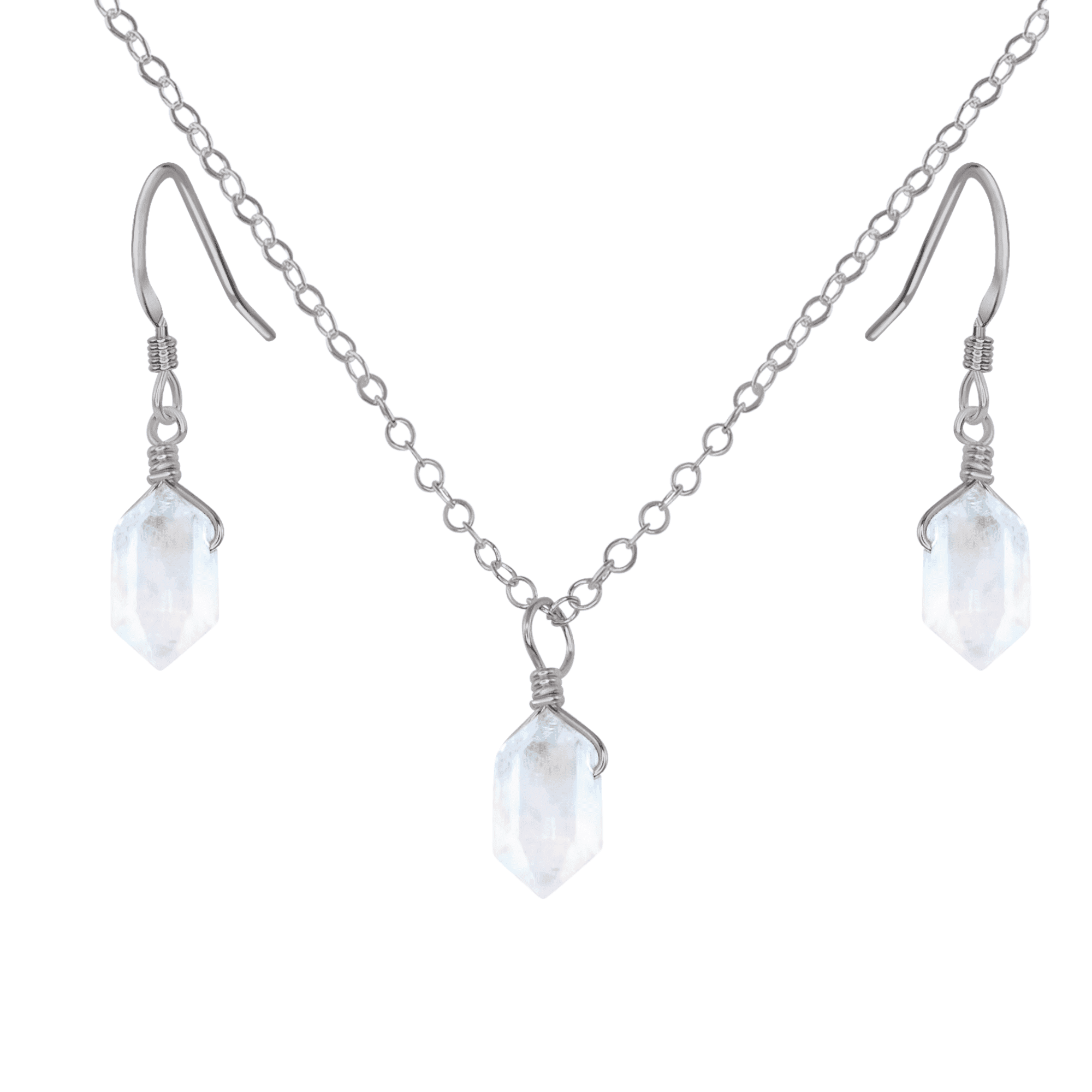Rainbow Moonstone Mini Double Terminated Crystal Point Earrings & Necklace Set - Rainbow Moonstone Mini Double Terminated Crystal Point Earrings & Necklace Set - Stainless Steel - Luna Tide Handmade Crystal Jewellery