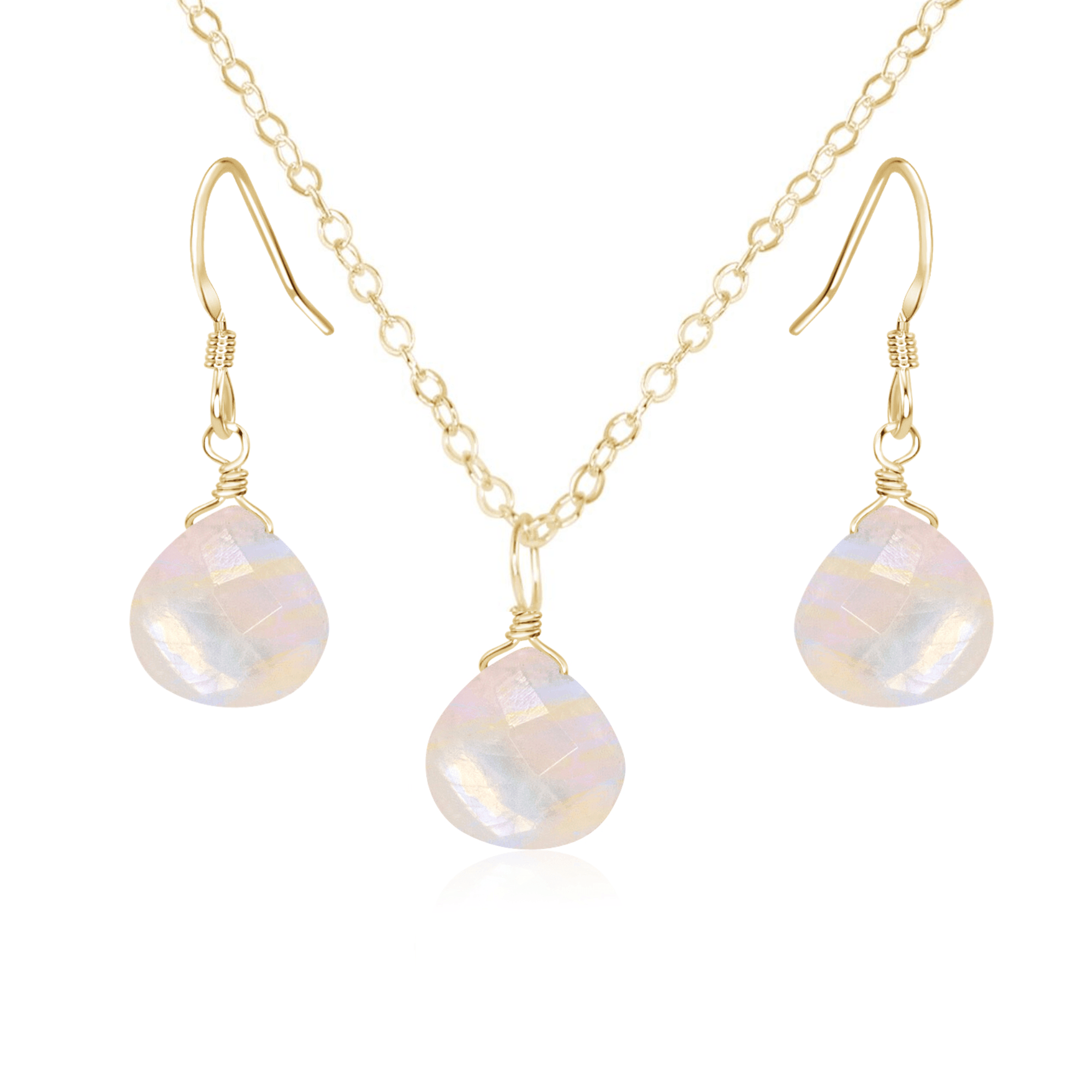 Rainbow Moonstone Tiny Teardrop Earrings & Necklace Set - Rainbow Moonstone Tiny Teardrop Earrings & Necklace Set - 14k Gold Fill / Cable - Luna Tide Handmade Crystal Jewellery