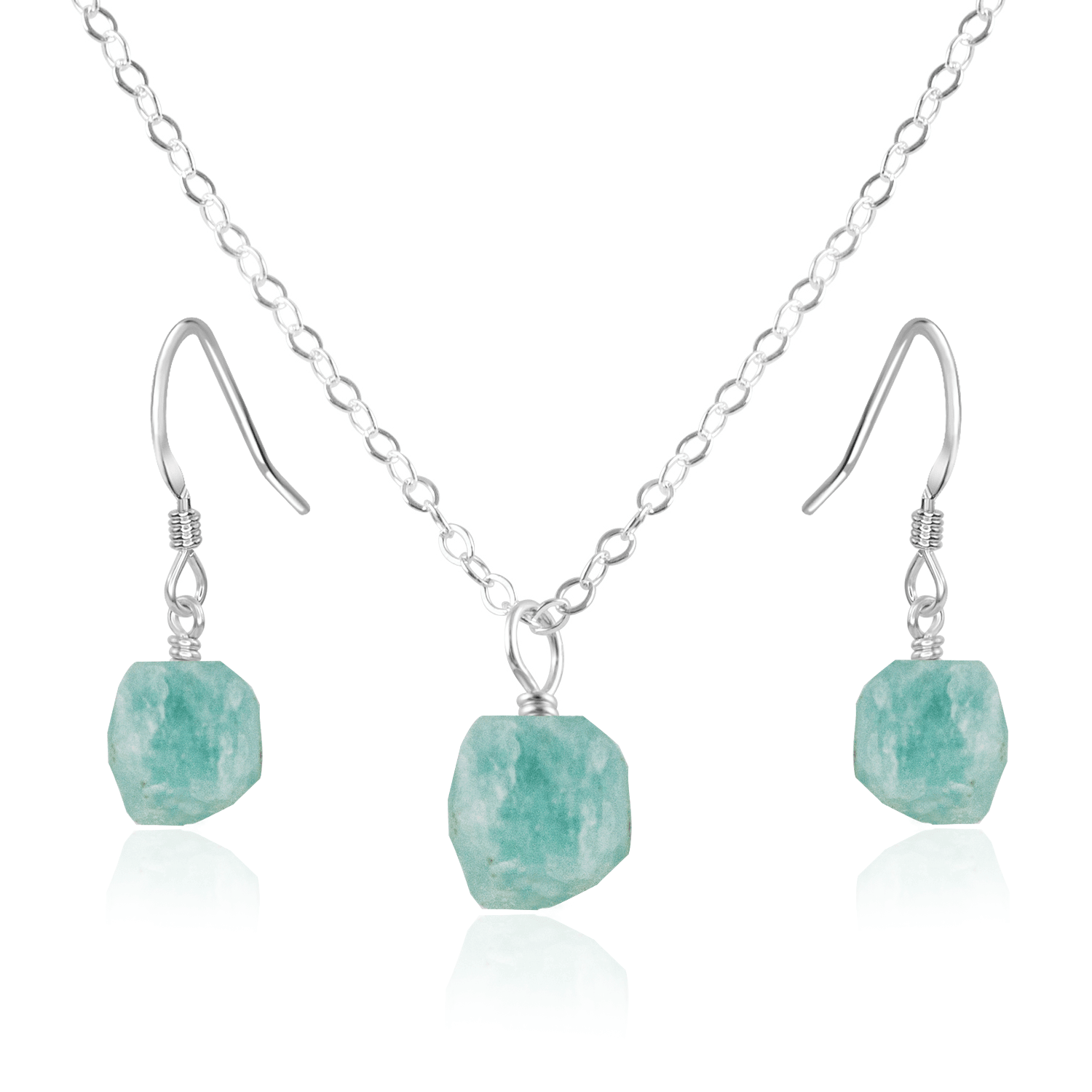Raw Amazonite Crystal Jewellery Set - Raw Amazonite Crystal Jewellery Set - Sterling Silver / Cable / Necklace & Earrings - Luna Tide Handmade Crystal Jewellery