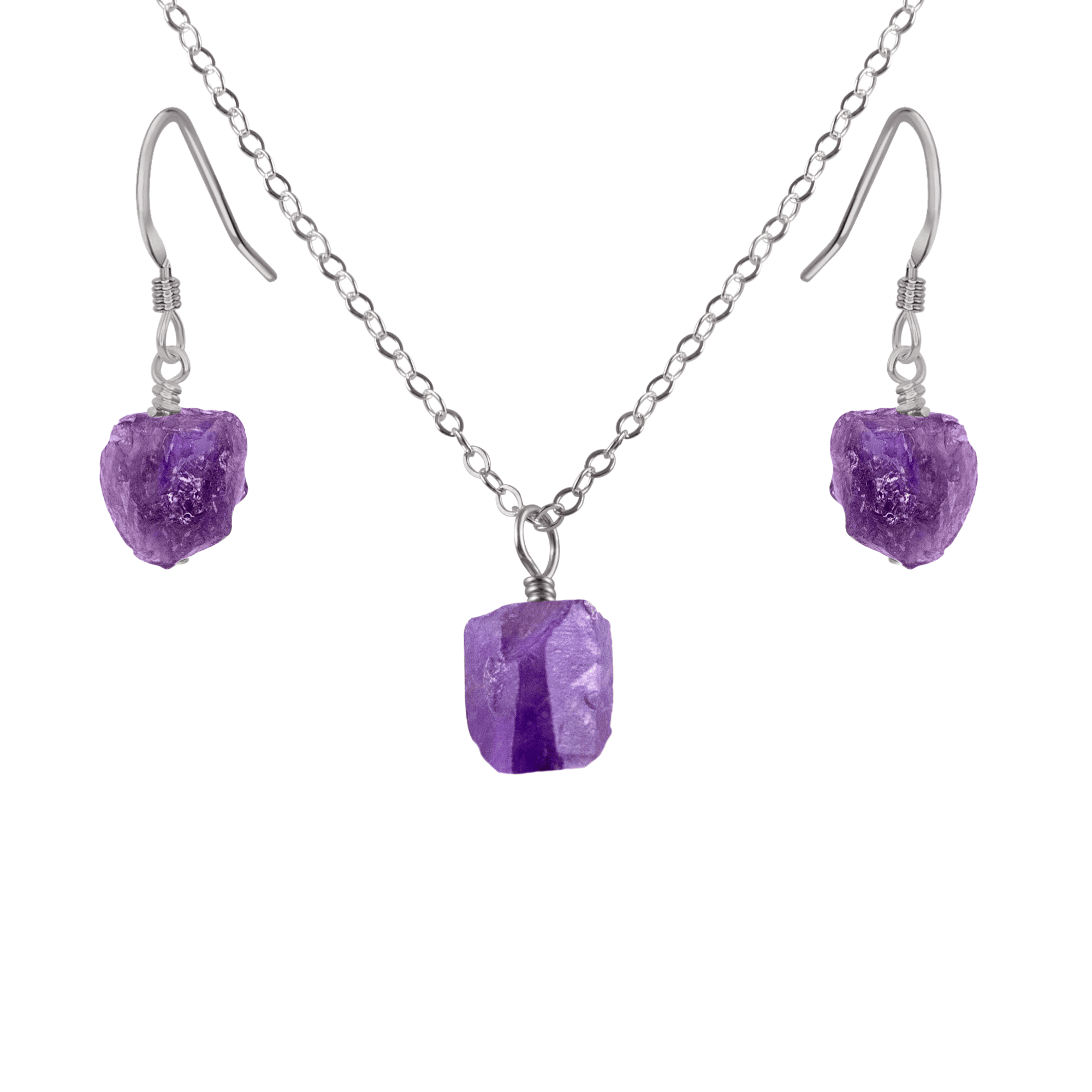 Raw Amethyst Crystal Earrings & Necklace Set - Raw Amethyst Crystal Earrings & Necklace Set - Stainless Steel / Cable - Luna Tide Handmade Crystal Jewellery
