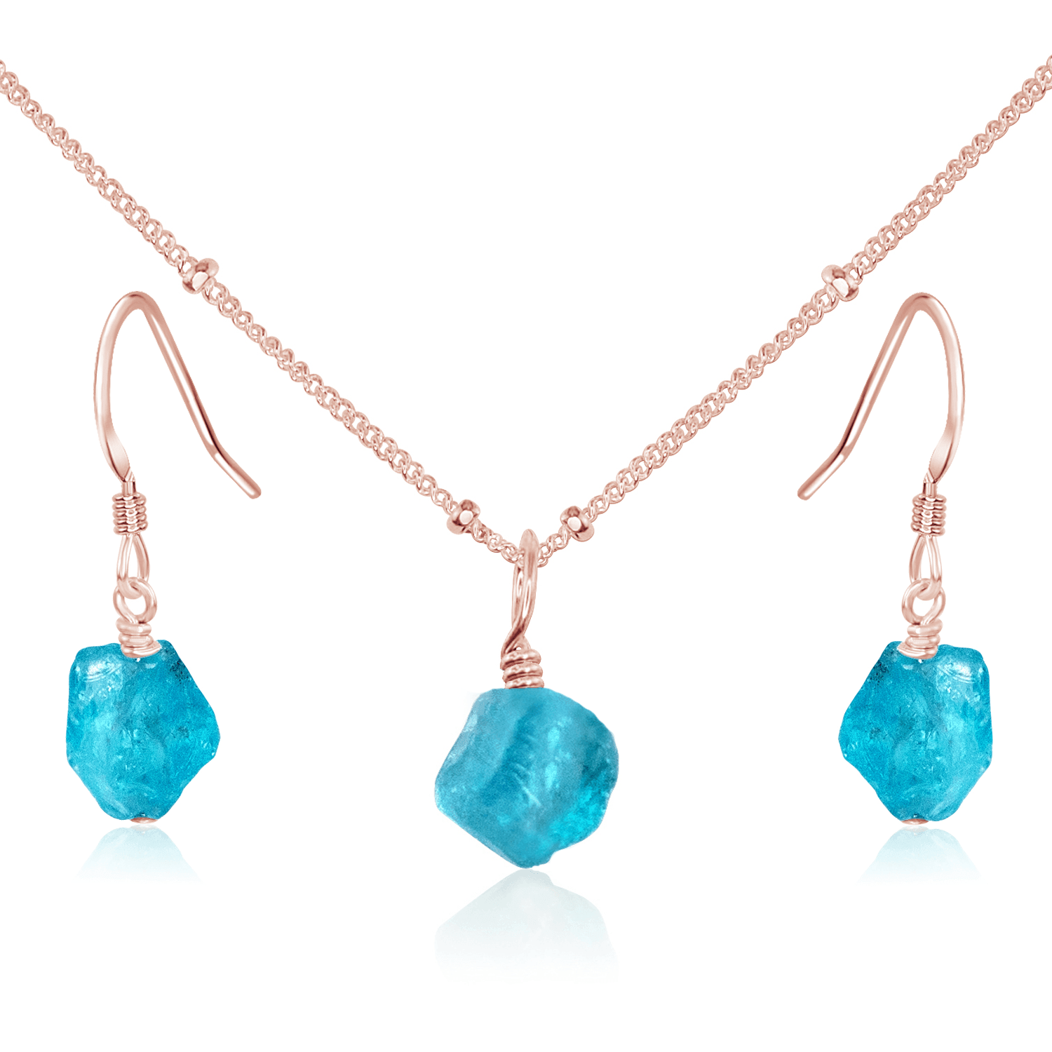 Raw Apatite Crystal Jewellery Set - Raw Apatite Crystal Jewellery Set - 14k Rose Gold Fill / Satellite / Necklace & Earrings - Luna Tide Handmade Crystal Jewellery