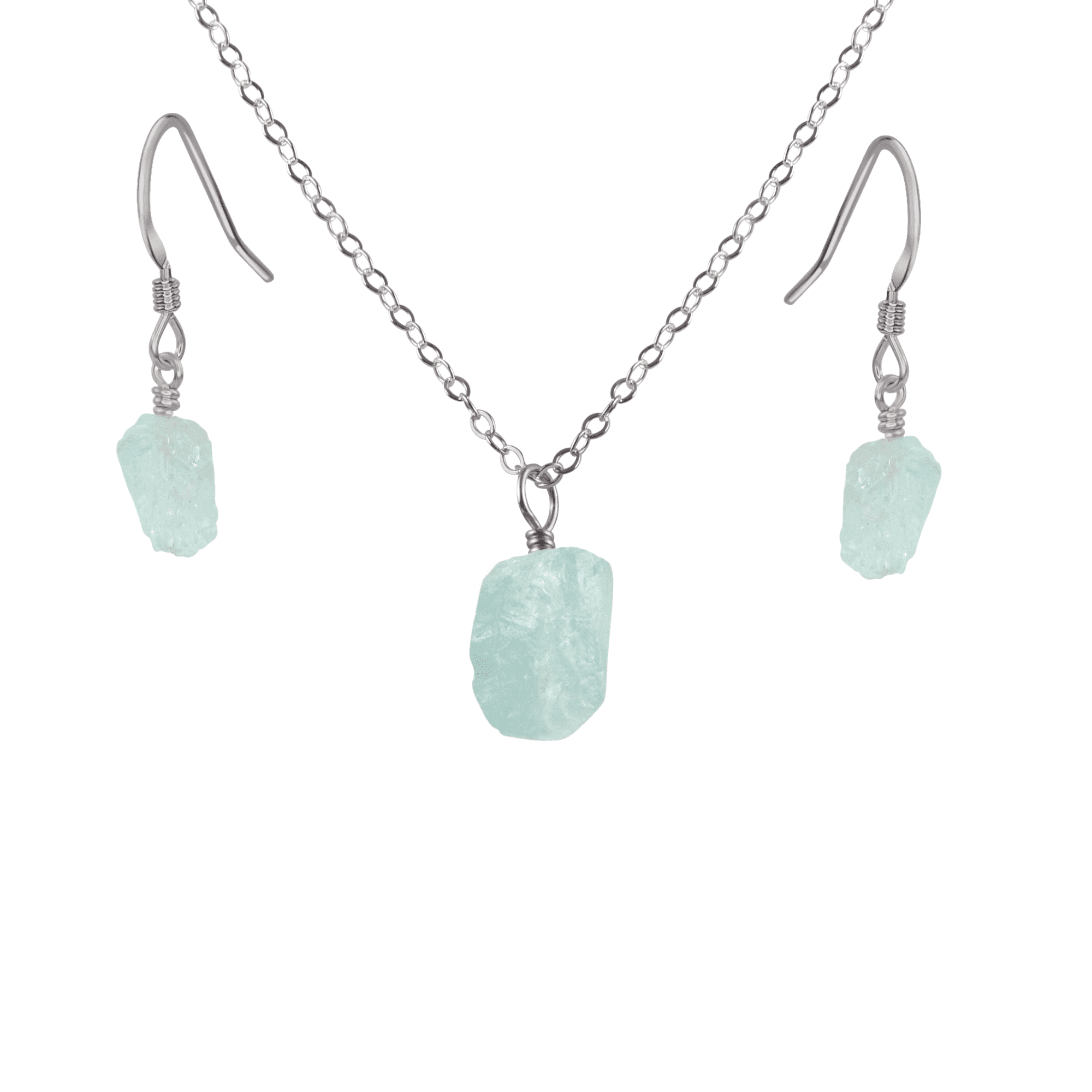 Raw Aquamarine Crystal Earrings & Necklace Set - Raw Aquamarine Crystal Earrings & Necklace Set - Stainless Steel / Cable - Luna Tide Handmade Crystal Jewellery