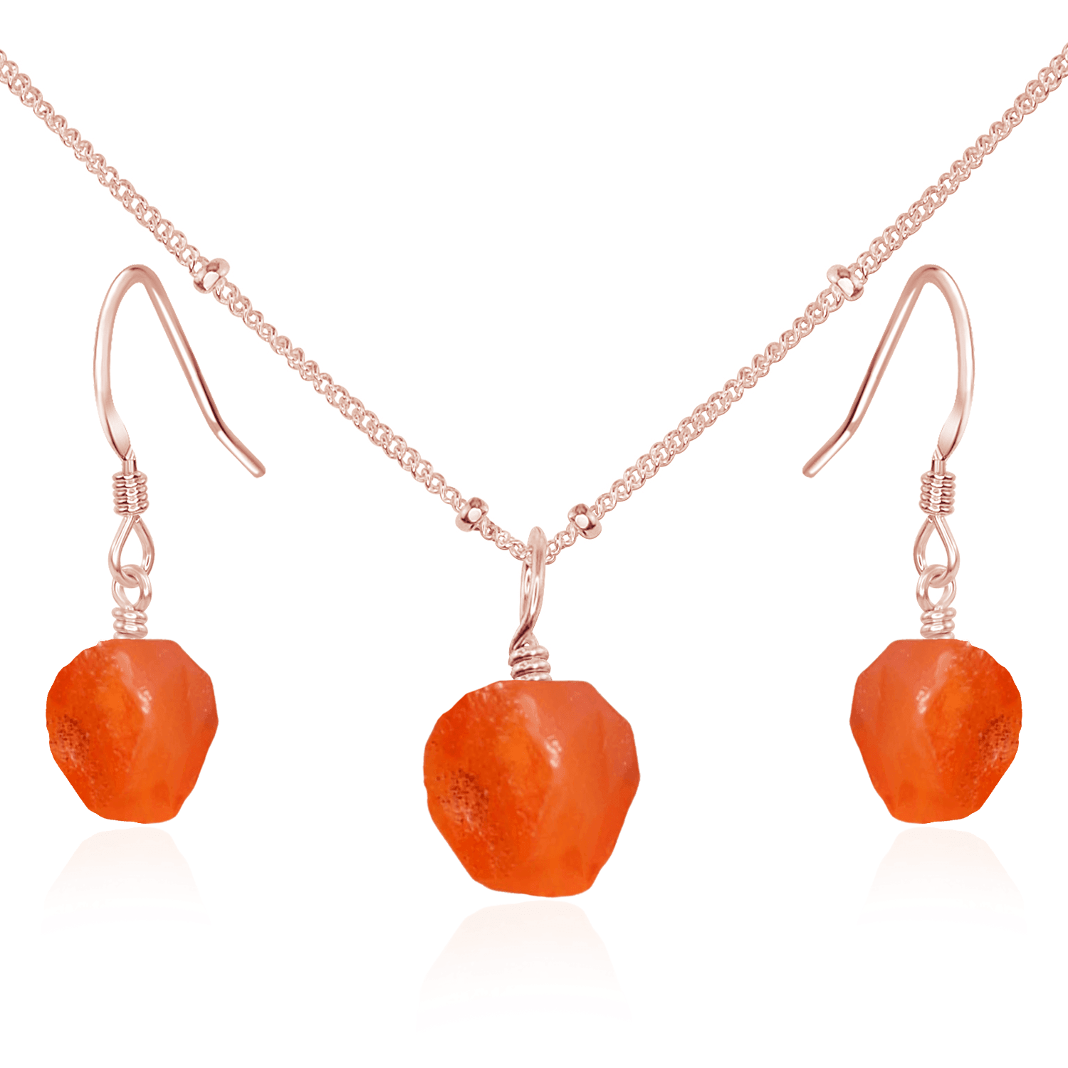 Raw Carnelian Crystal Jewellery Set - Raw Carnelian Crystal Jewellery Set - 14k Rose Gold Fill / Satellite / Necklace & Earrings - Luna Tide Handmade Crystal Jewellery