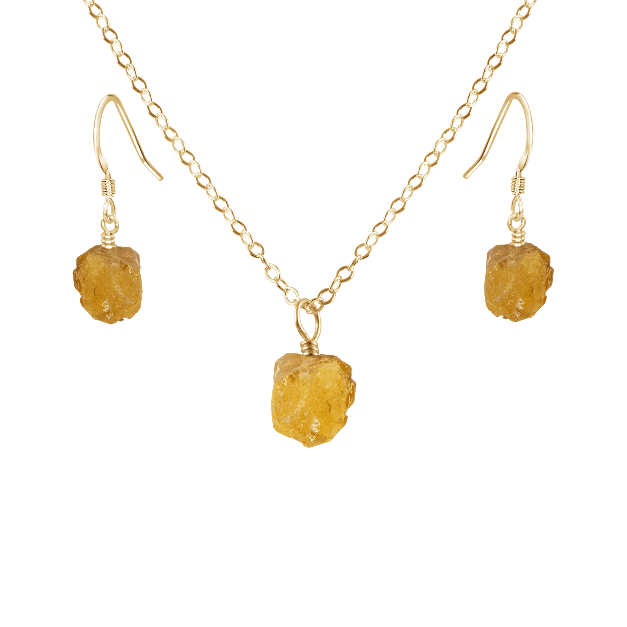 Raw Citrine Crystal Earrings & Necklace Set - Raw Citrine Crystal Earrings & Necklace Set - 14k Gold Fill / Cable - Luna Tide Handmade Crystal Jewellery