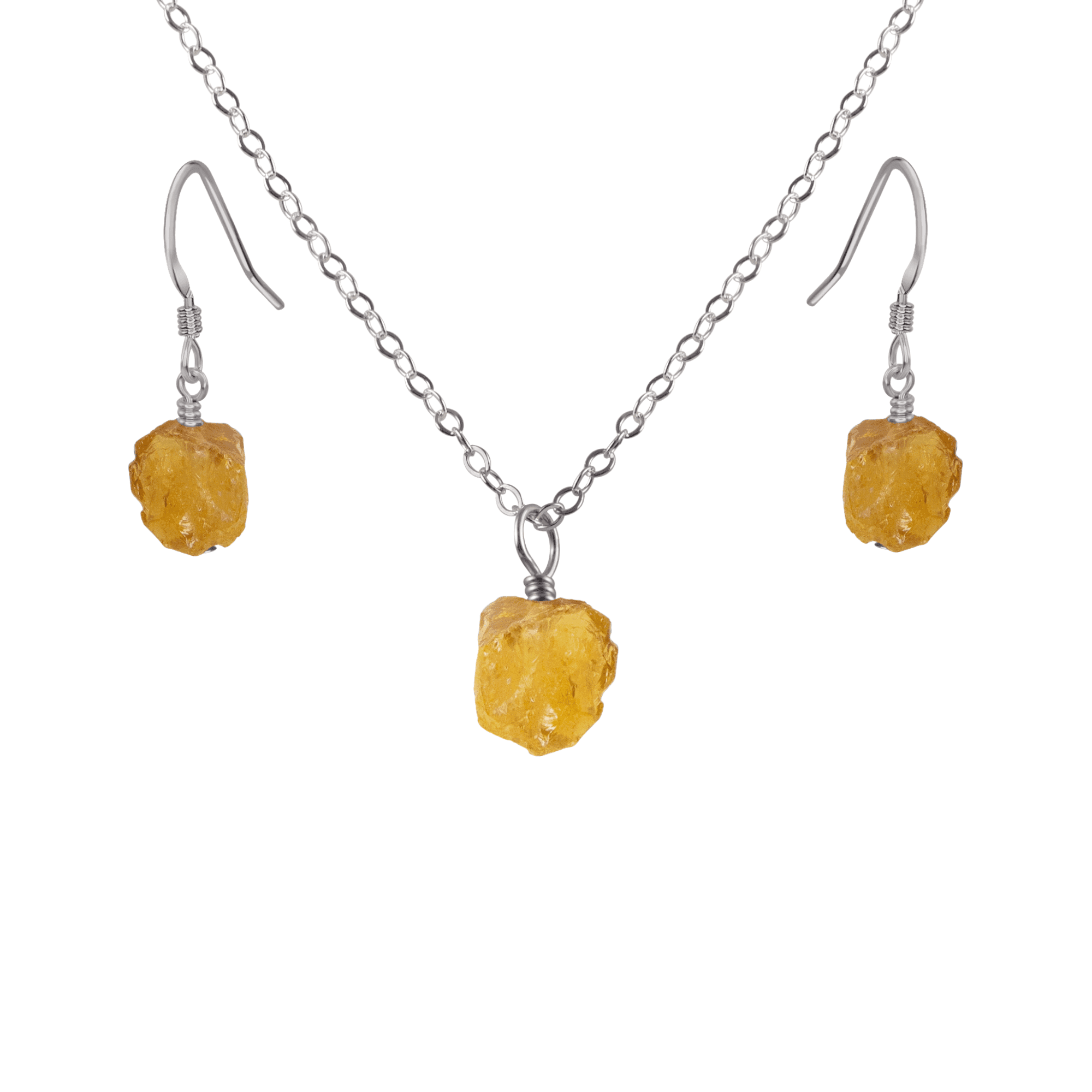 Raw Citrine Crystal Earrings & Necklace Set - Raw Citrine Crystal Earrings & Necklace Set - Stainless Steel / Cable - Luna Tide Handmade Crystal Jewellery