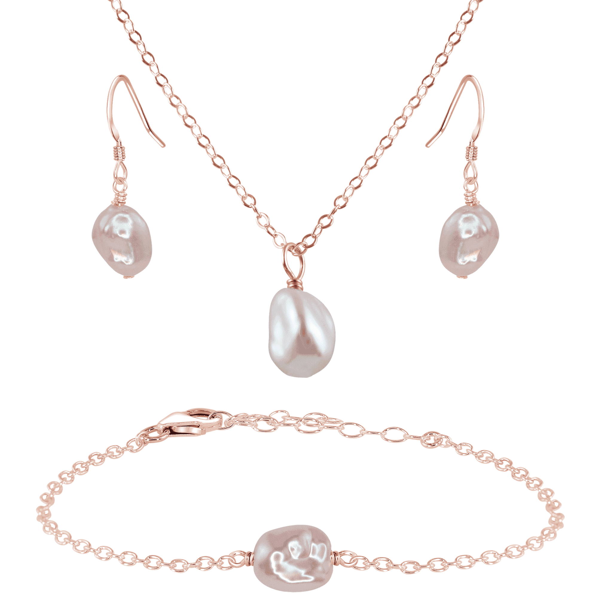 Raw Freshwater Pearl Crystal Earrings, Necklace & Bracelet Set - Raw Freshwater Pearl Crystal Earrings, Necklace & Bracelet Set - 14k Rose Gold Fill - Luna Tide Handmade Crystal Jewellery