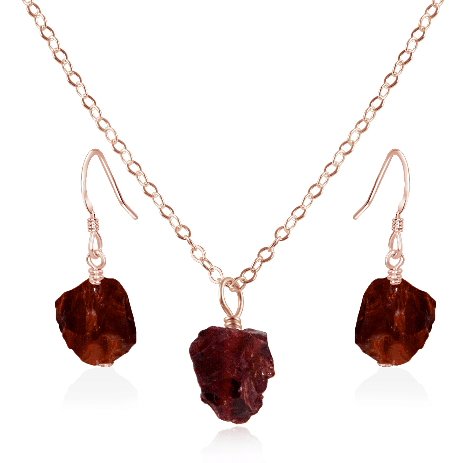 Raw Garnet Crystal Jewellery Set - Raw Garnet Crystal Jewellery Set - 14k Rose Gold Fill / Cable / Necklace & Earrings - Luna Tide Handmade Crystal Jewellery