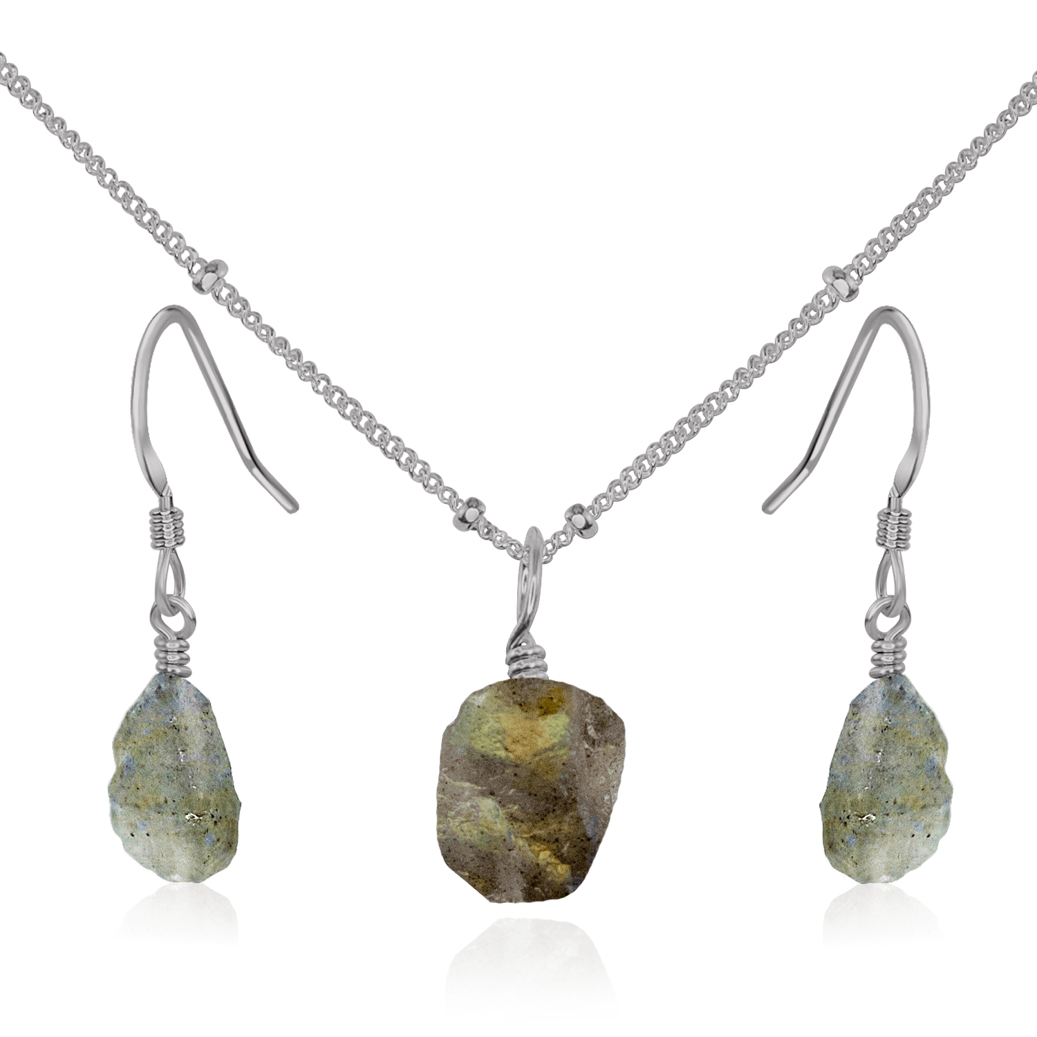 Raw Labradorite Crystal Jewellery Set - Raw Labradorite Crystal Jewellery Set - Stainless Steel / Satellite / Necklace & Earrings - Luna Tide Handmade Crystal Jewellery