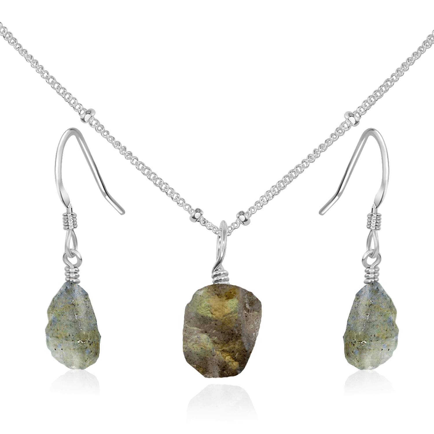 Raw Labradorite Crystal Jewellery Set - Raw Labradorite Crystal Jewellery Set - Sterling Silver / Satellite / Necklace & Earrings - Luna Tide Handmade Crystal Jewellery