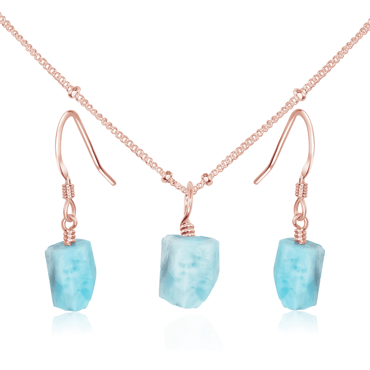 Raw Larimar Crystal Jewellery Set - Raw Larimar Crystal Jewellery Set - 14k Rose Gold Fill / Satellite / Necklace & Earrings - Luna Tide Handmade Crystal Jewellery
